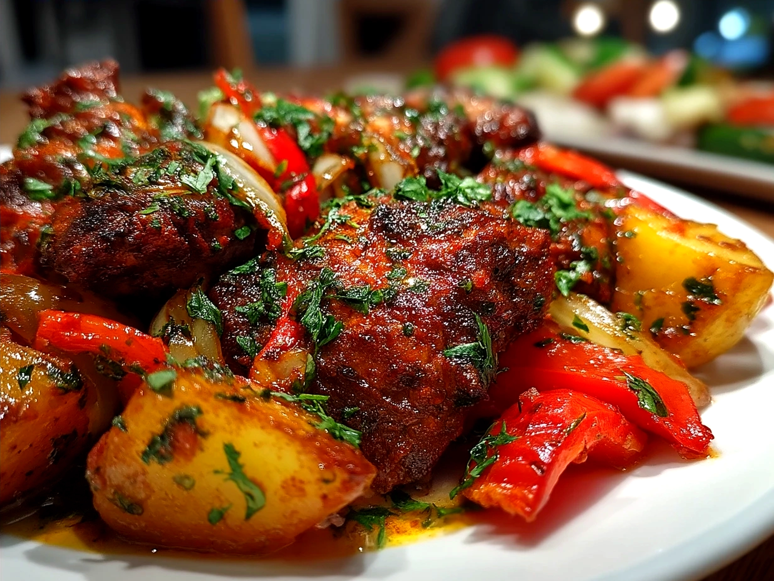 Serving plate of Spicy Portuguese Chilli Chicken with sides