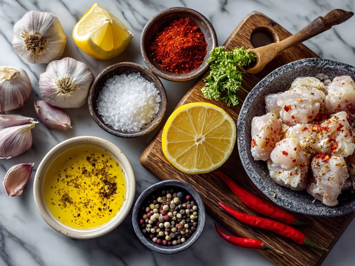 Ingredients for Spicy Portuguese Chilli Chicken including spices, chicken thighs, and olive oil