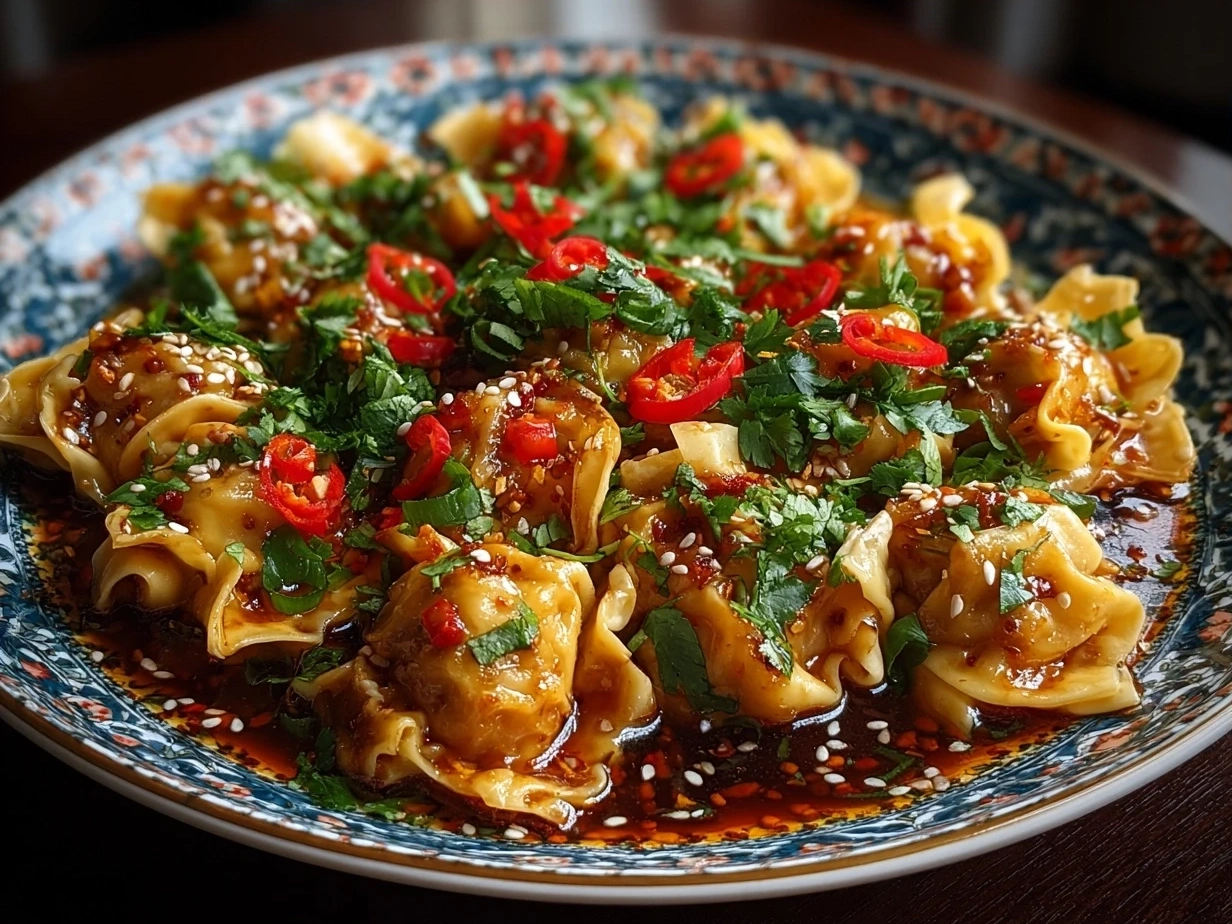 Delicious plated Spicy Wontons in Chilli Sauce ready to serve
