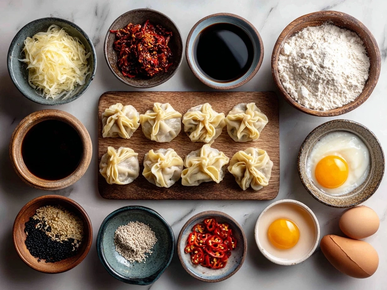 Ingredients for Spicy Wontons in Chilli Sauce including wonton wrappers, ground pork, garlic, ginger, soy sauce, sesame oil, green onions, chili oil, rice vinegar, sugar, salt, and water