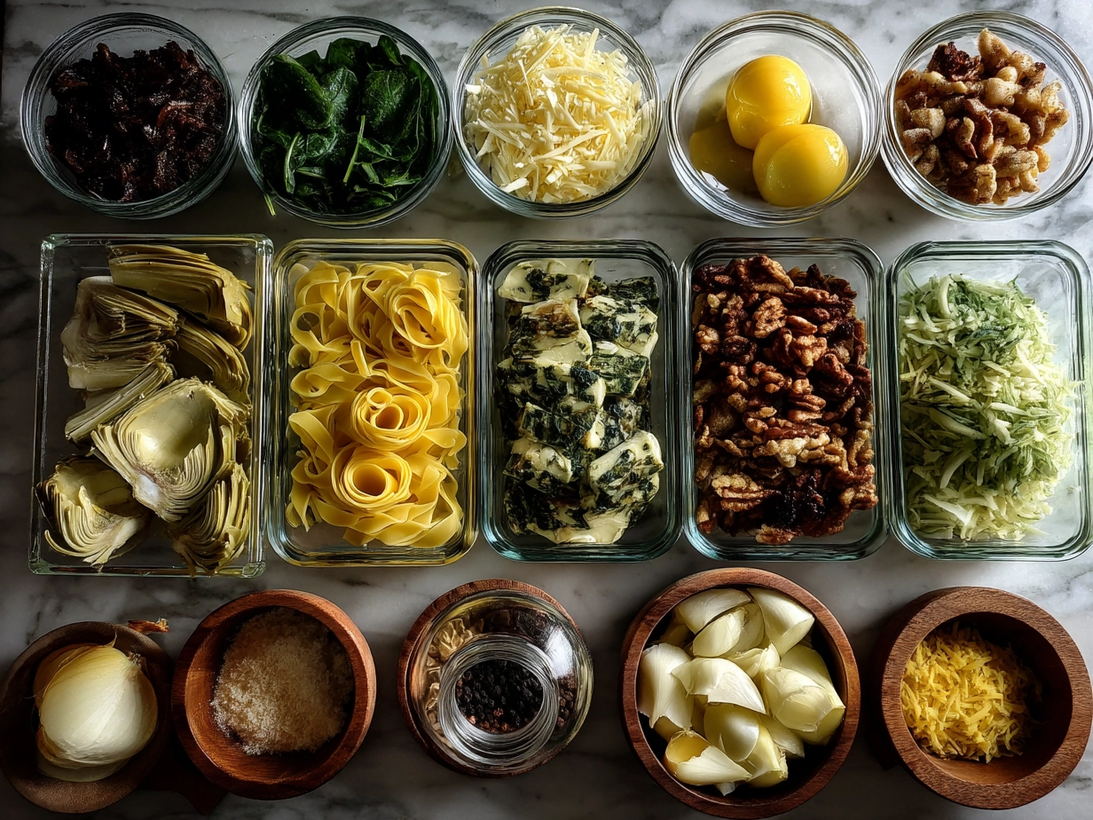 Ingredients for Spinach Artichoke Lasagna Rolls including lasagna noodles, ricotta, spinach, artichoke hearts, mozzarella, Parmesan, egg, marinara sauce, garlic, and olive oil