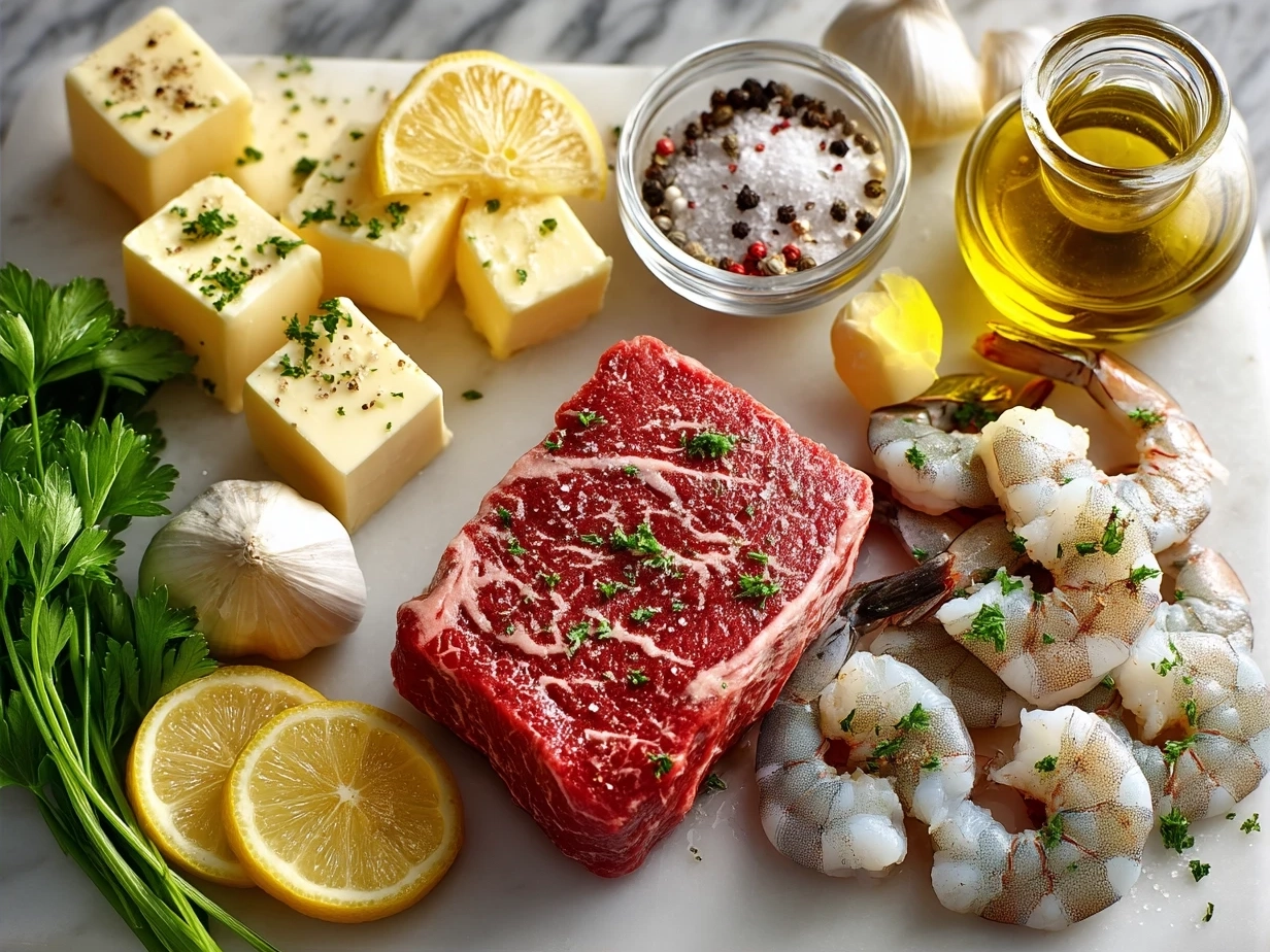 Ingredients for Steak And Shrimp including ribeye steak, shrimp, butter, garlic, paprika, oregano, and lemon juice
