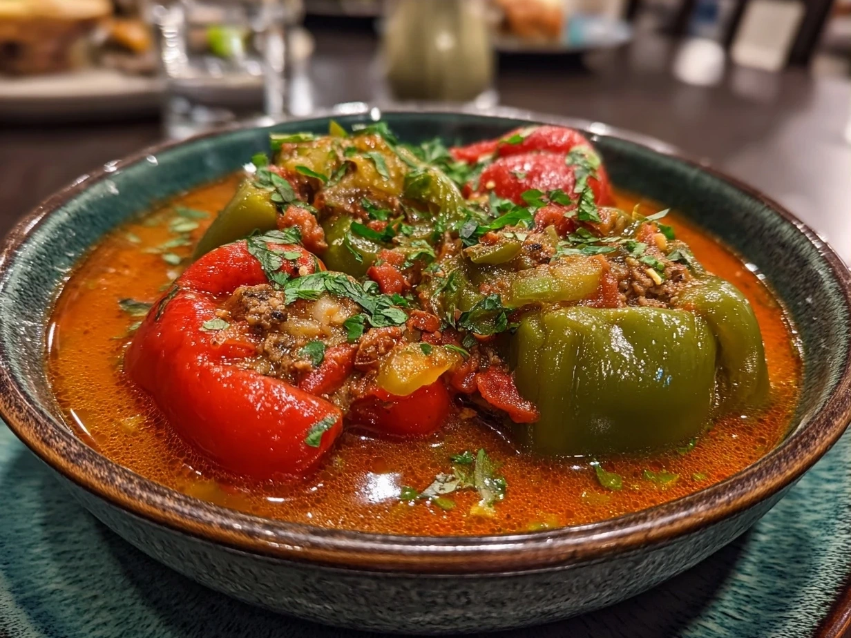 A warm bowl of homemade stuffed pepper soup, garnished and ready to serve