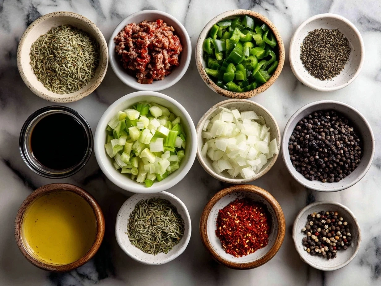 Ingredients for Stuffed Pepper Soup: ground beef, onions, diced bell peppers, garlic, canned tomatoes, tomato sauce, broth, spices, and cooked rice or quinoa