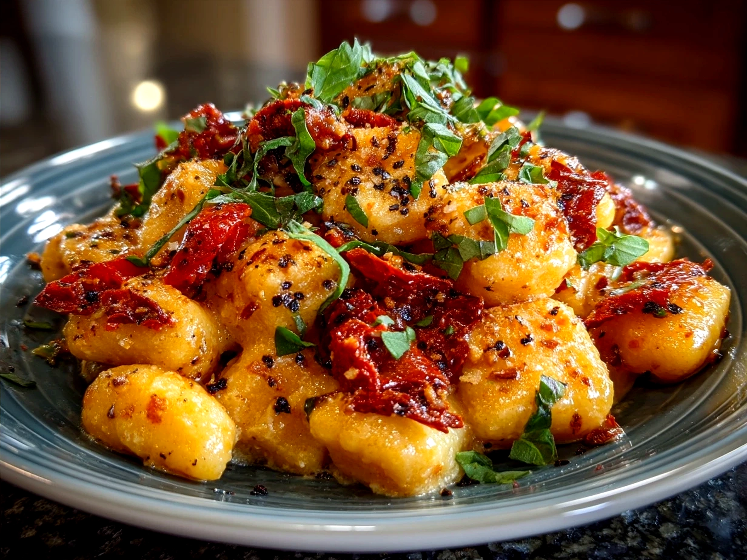 Finished Sun-Dried Tomato Gnocchi served with fresh basil and Parmesan