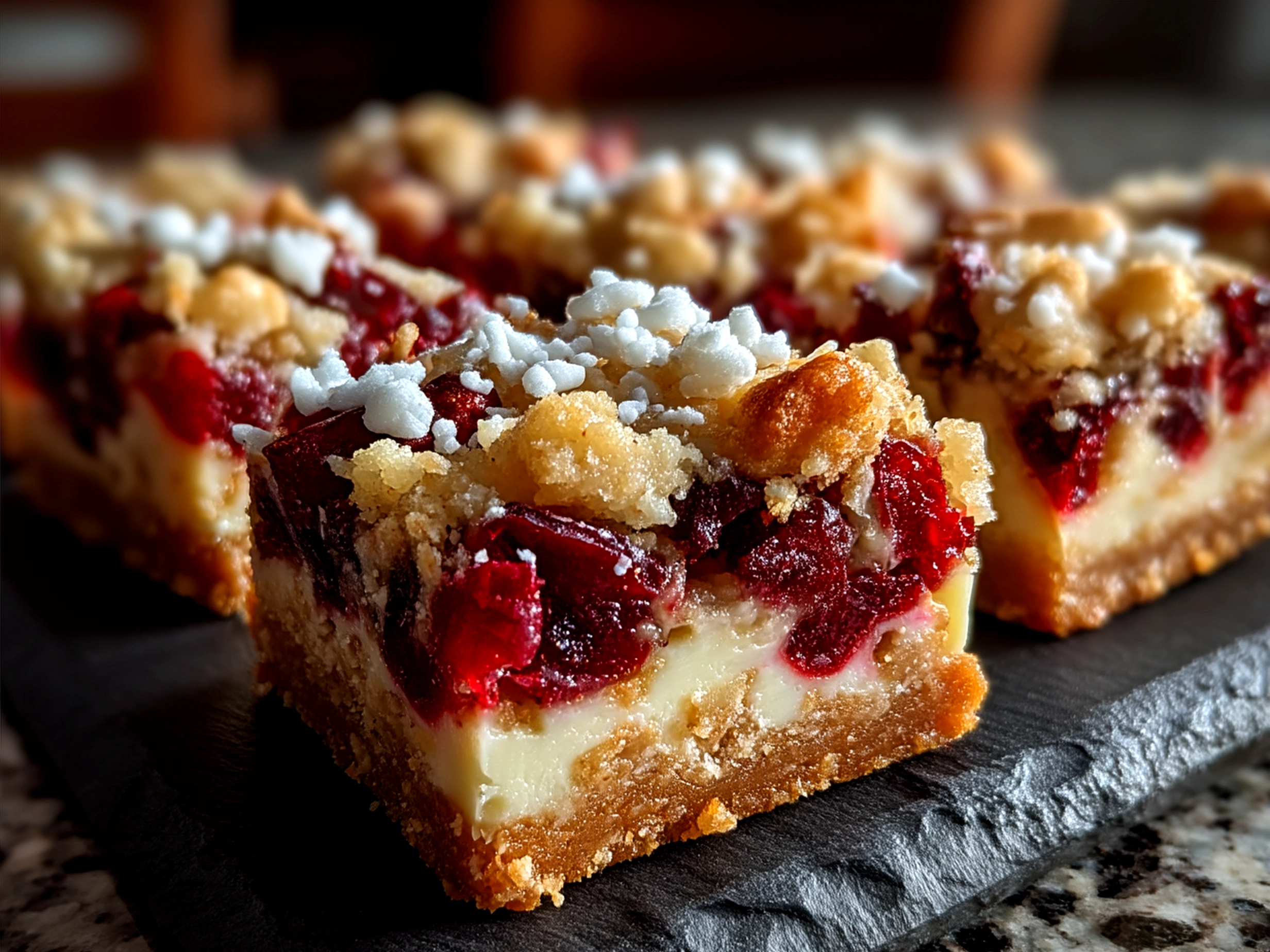 Finished Sweet Cranberry Bliss Bars served on a festive plate