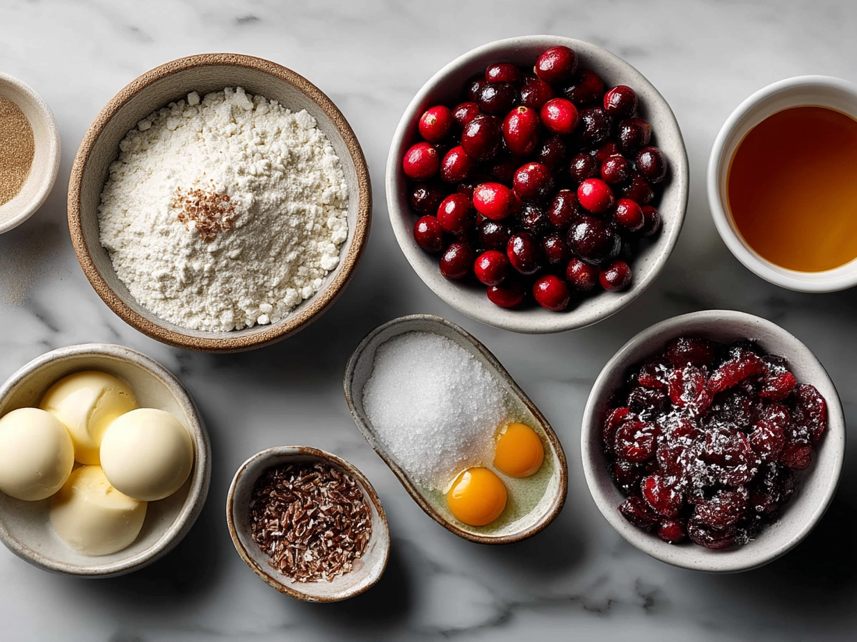 Ingredients for Sweet Cranberry Bliss Bars laid out on a kitchen counter