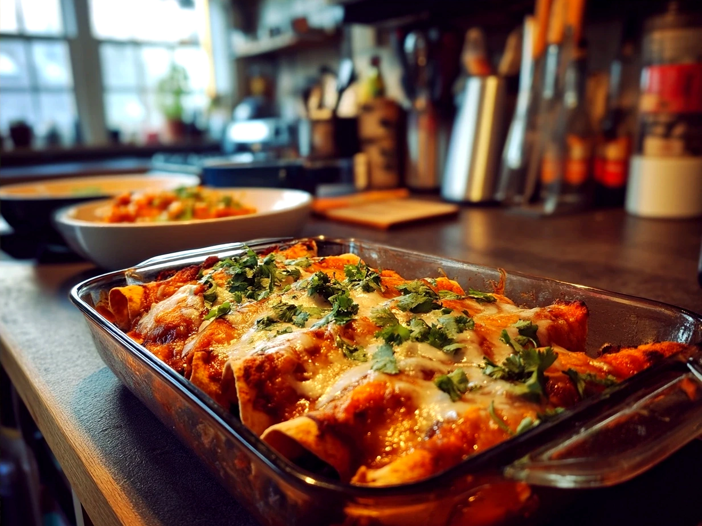 Baked Sweet Potato Black Bean Enchiladas served on a plate with garnishes