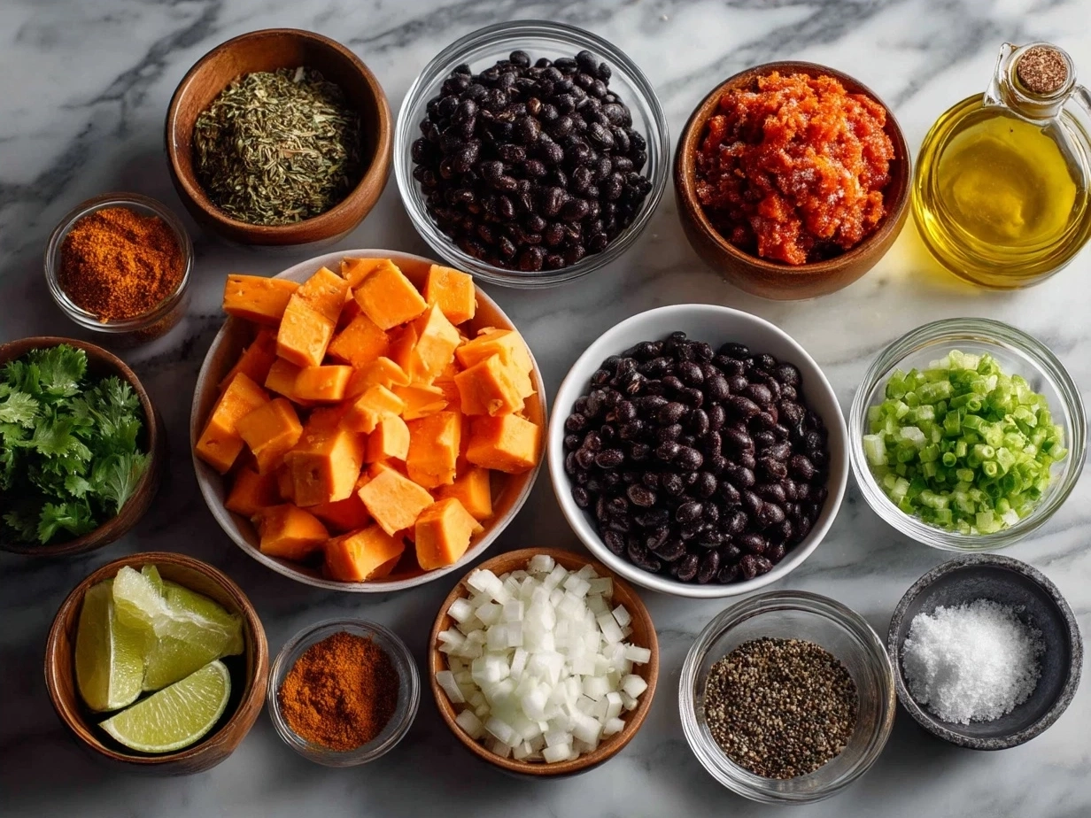 Ingredients for Sweet Potato Black Bean Enchiladas laid out