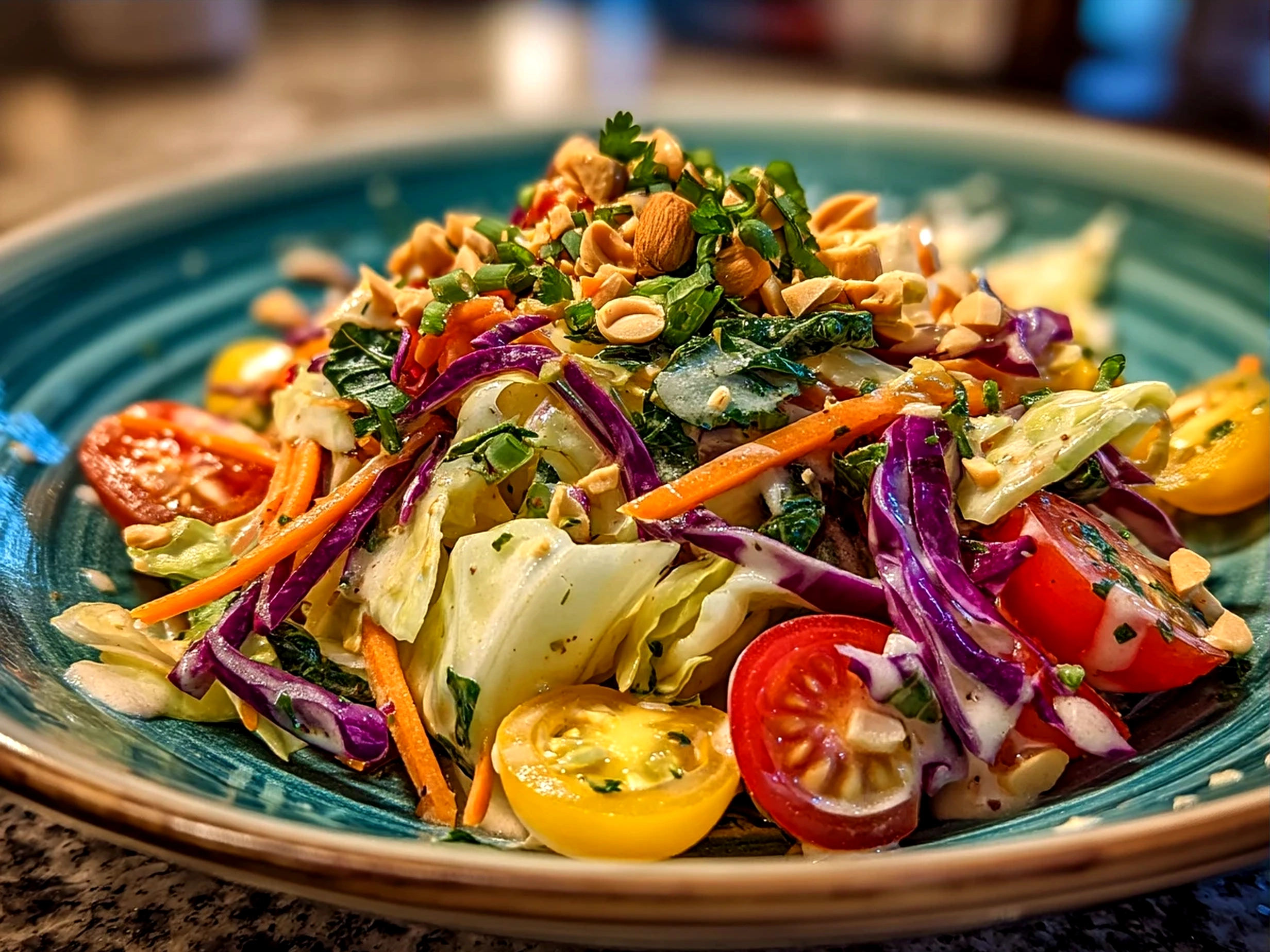Serving bowl of vibrant Thai Peanut Salad garnished with peanuts and lime