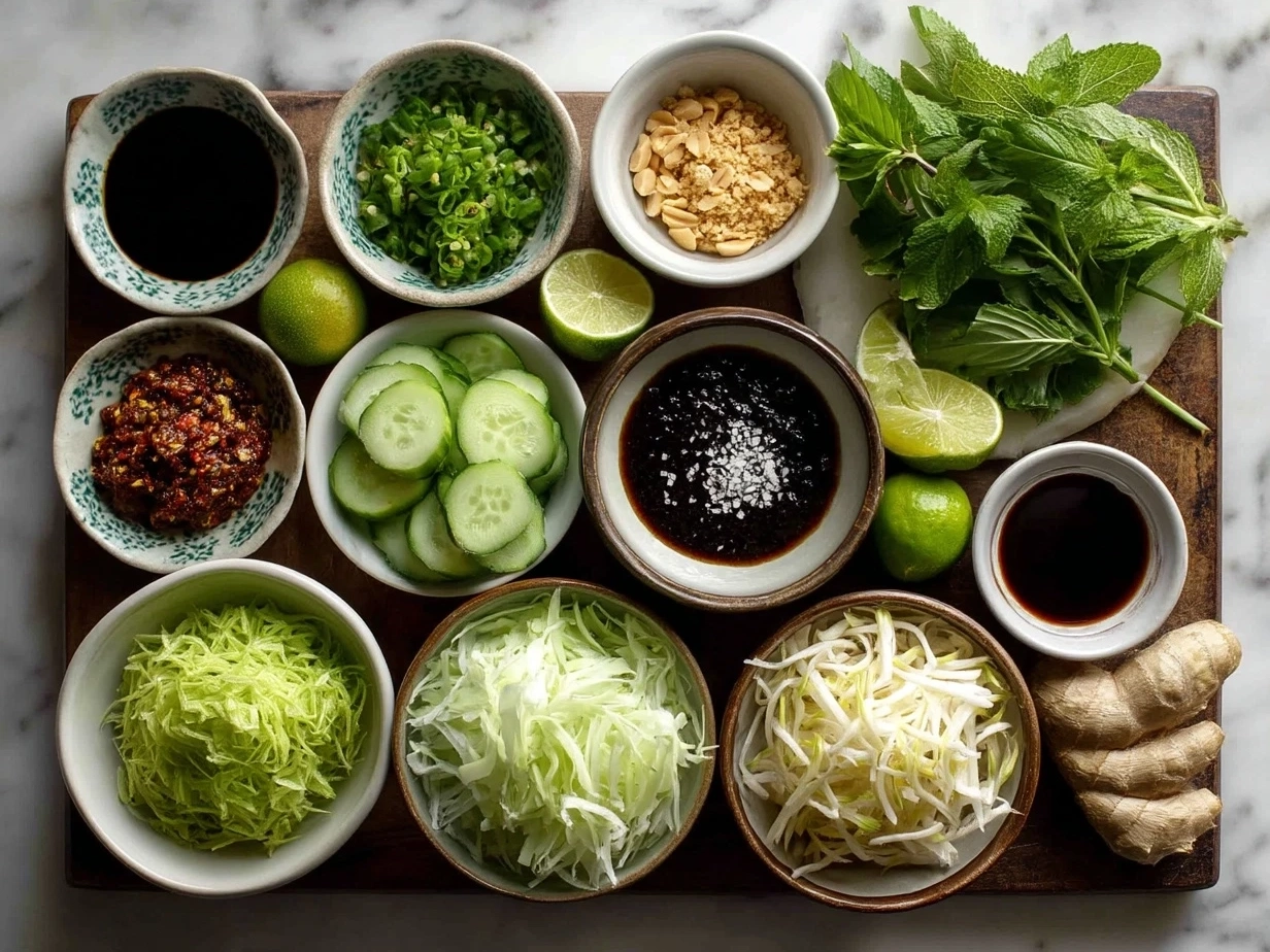 Ingredients for Thai Peanut Salad arranged on a table with fresh herbs, peanut butter, soy sauce and vegetables
