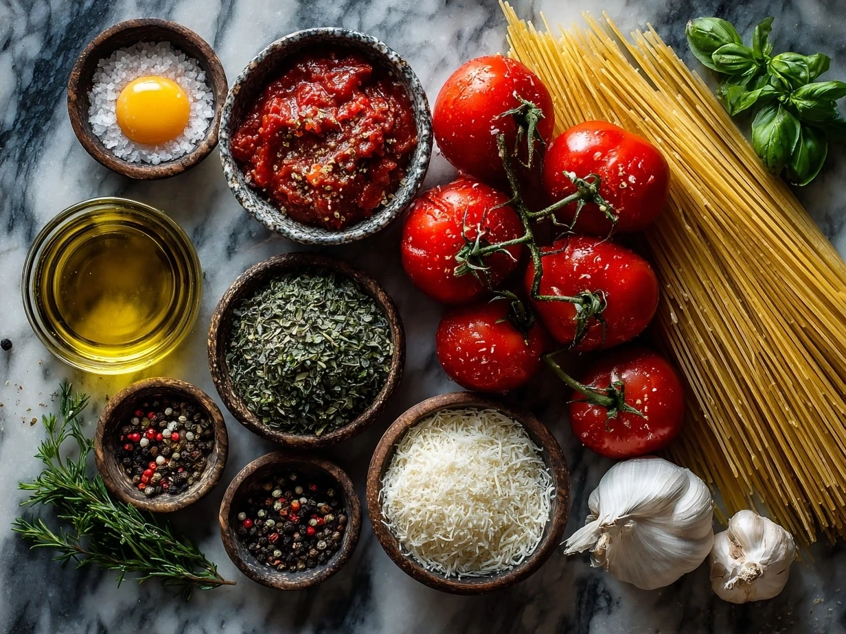 Ingredients for Tomato Basil Noodle Soup including olive oil, onions, garlic, tomatoes, broth, egg noodles, and fresh basil