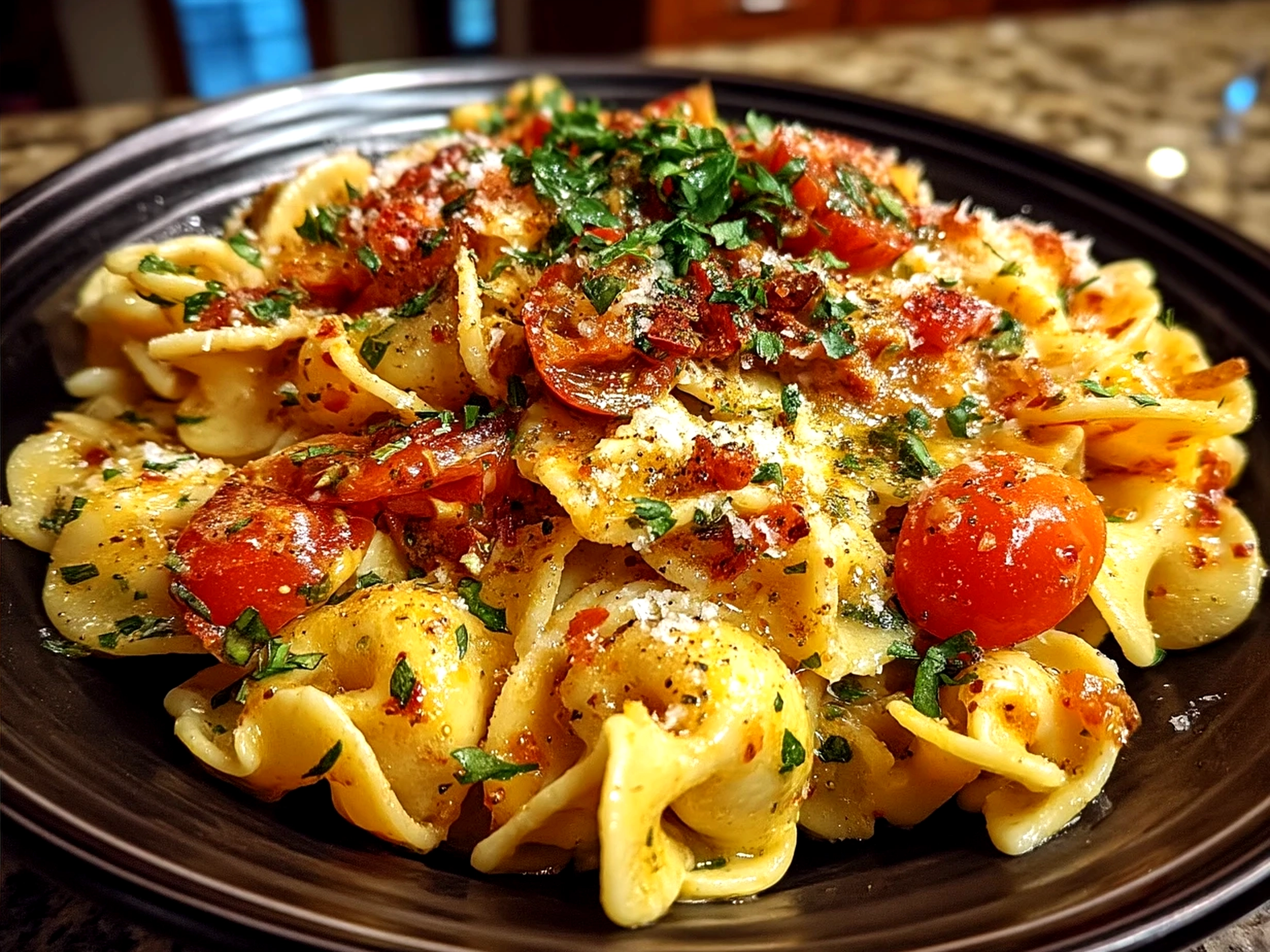 Serving bowl of Tomato Creamy Pasta garnished with fresh basil and Parmesan cheese