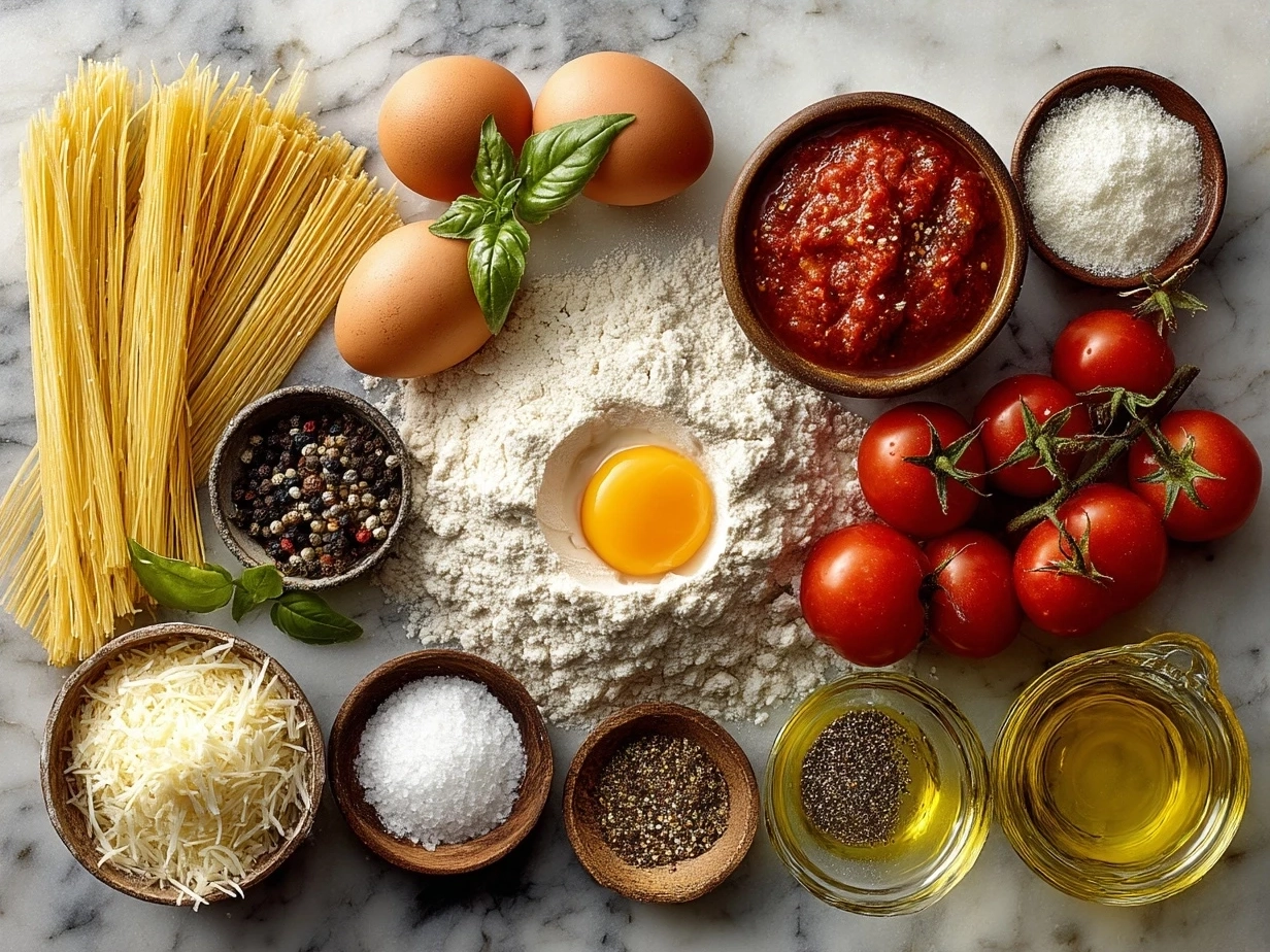 Ingredients for Tomato Creamy Pasta including pasta, garlic, tomatoes, cream, and basil