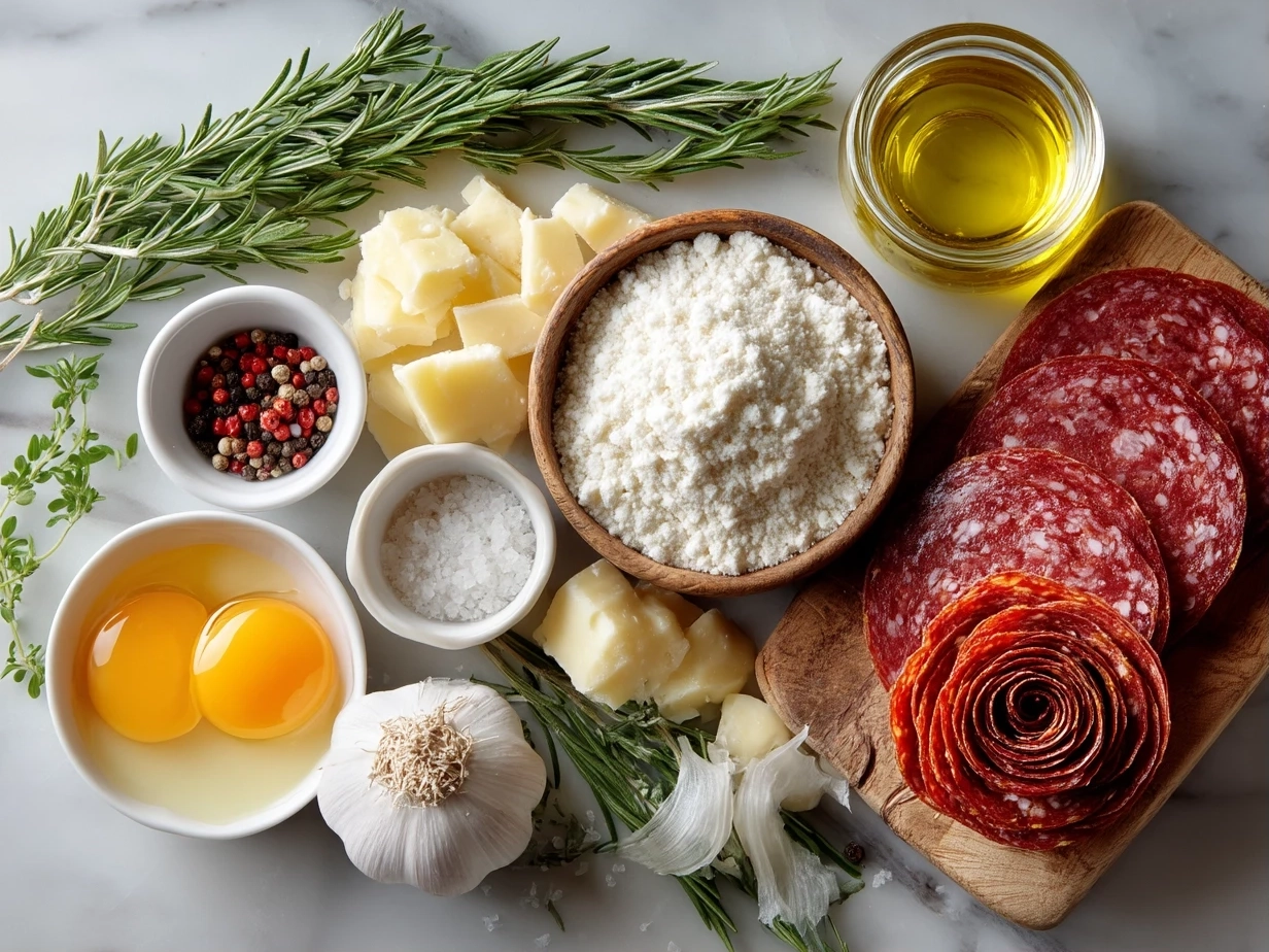 Top-down view of ingredients for gluten-free charcuterie board with salami rose including cheeses, nuts, fruits, and crackers