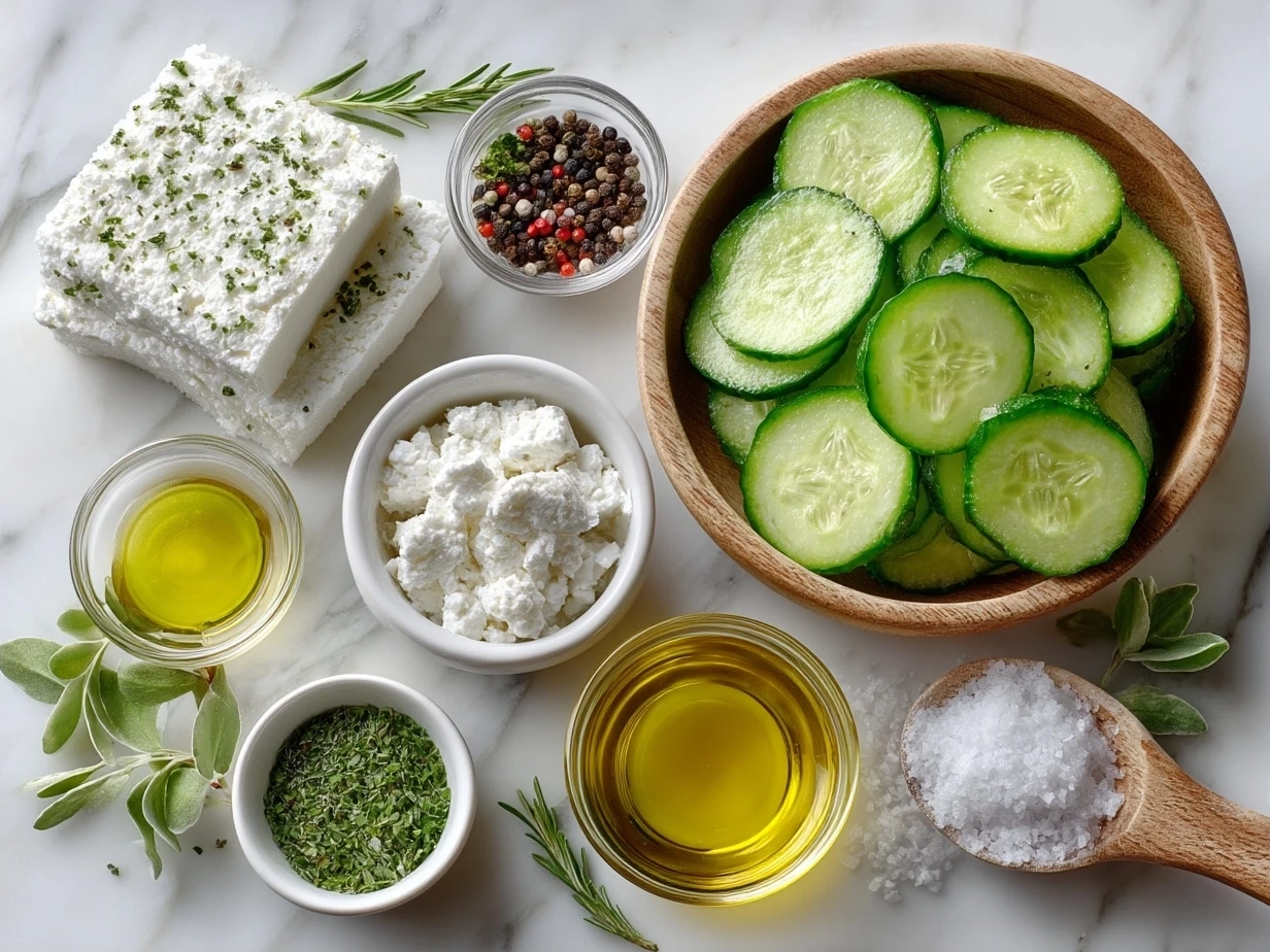 Top down view of ingredients for cucumber feta salad including cucumbers, feta cheese, red onion, parsley, olive oil, and lemon juice