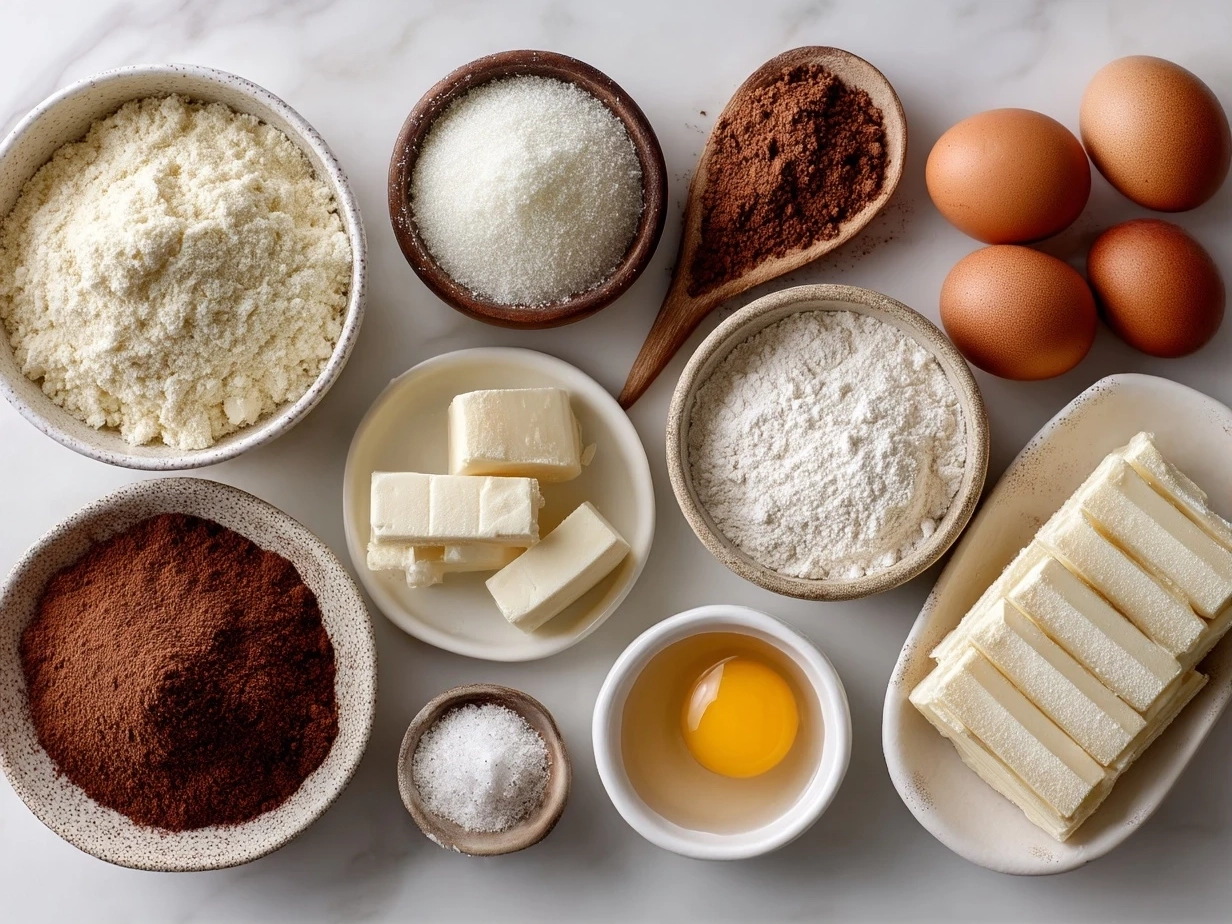 Top down view of ingredients for tiramisu bars, including cream cheese, powdered sugar, coffee, ladyfingers, cocoa powder, and heavy cream.