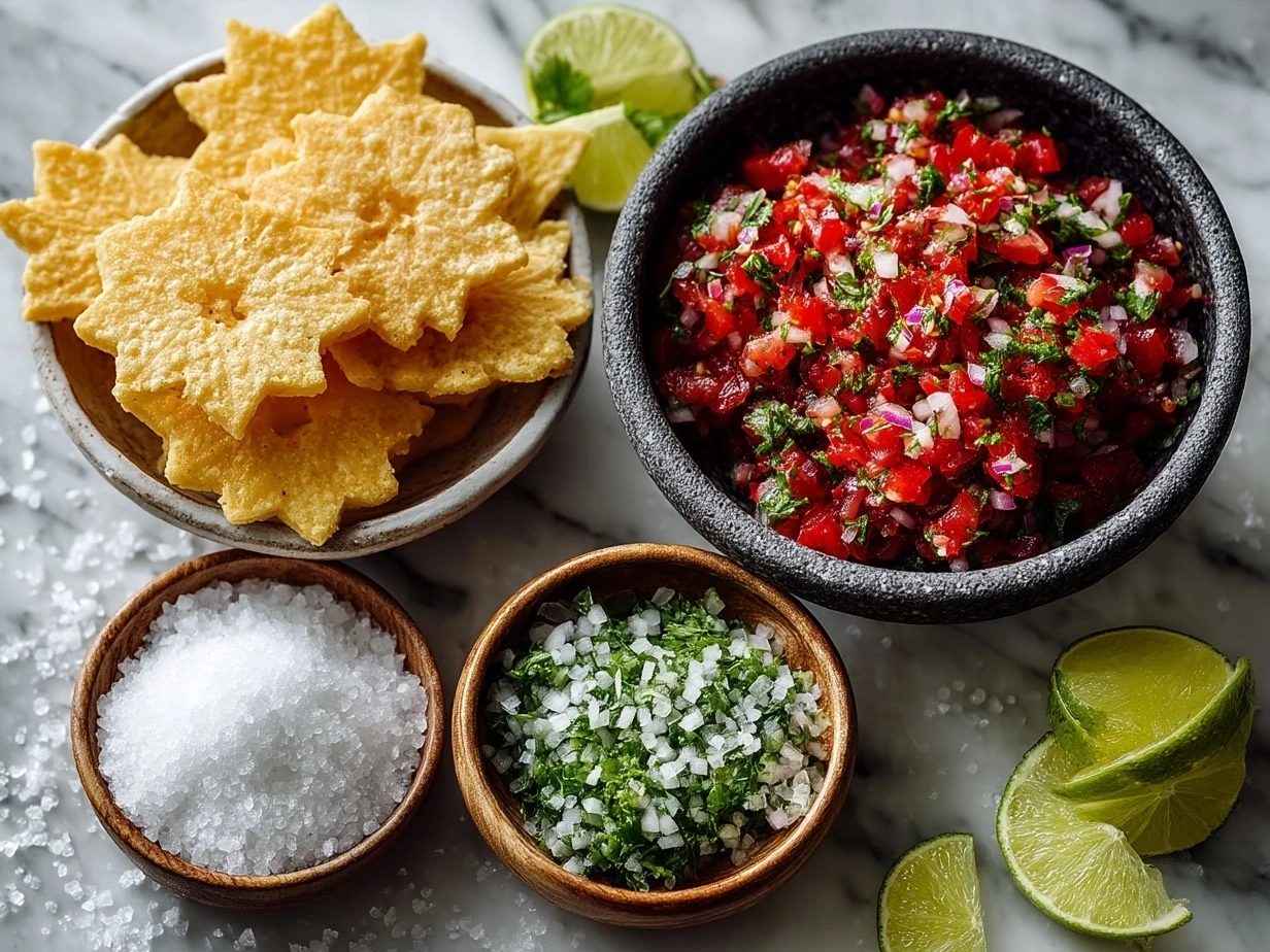 Top-down view of ingredients for winter salad with snowflake tortilla chips including greens, tomatoes, red onion, avocado, and salsa