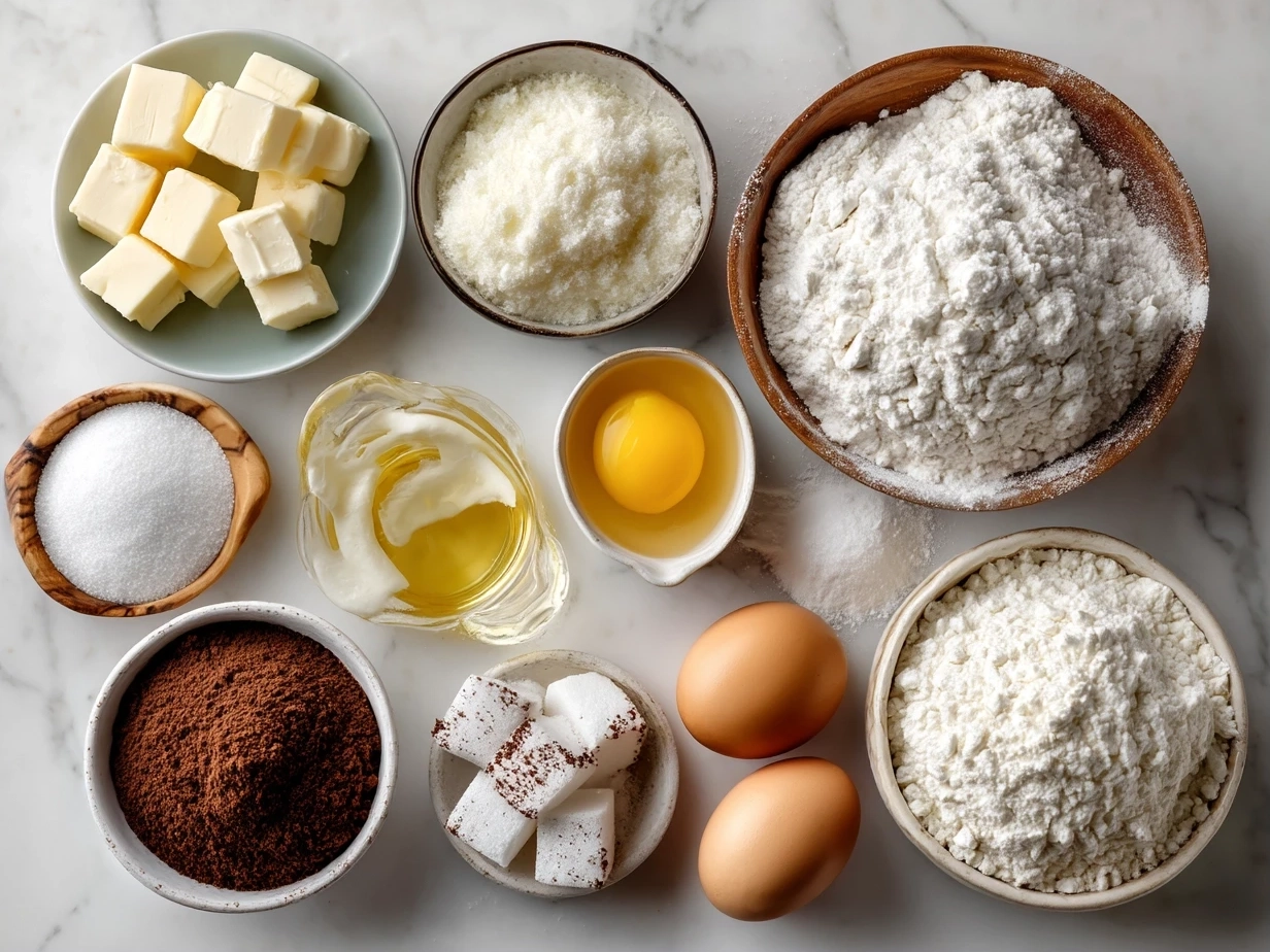 Ingredients spread for homemade pound cake on marble surface