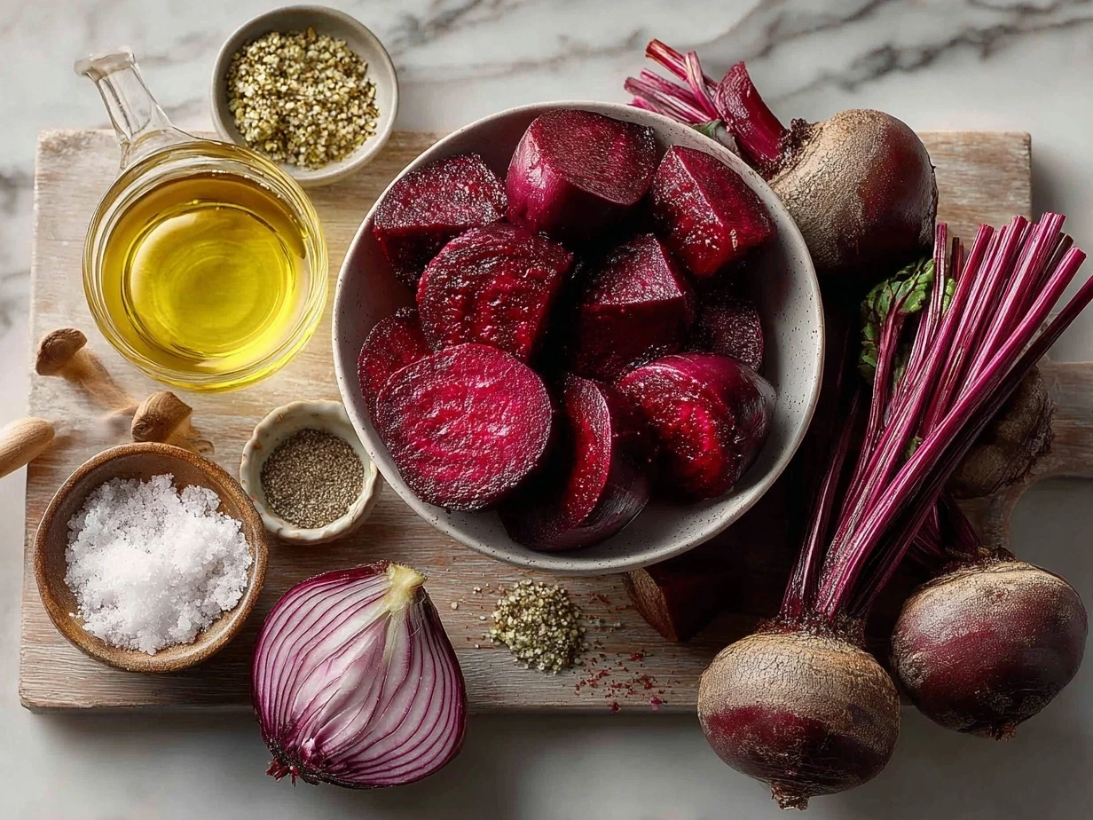 Top-down view of raw ingredients for beet salad on marble surface