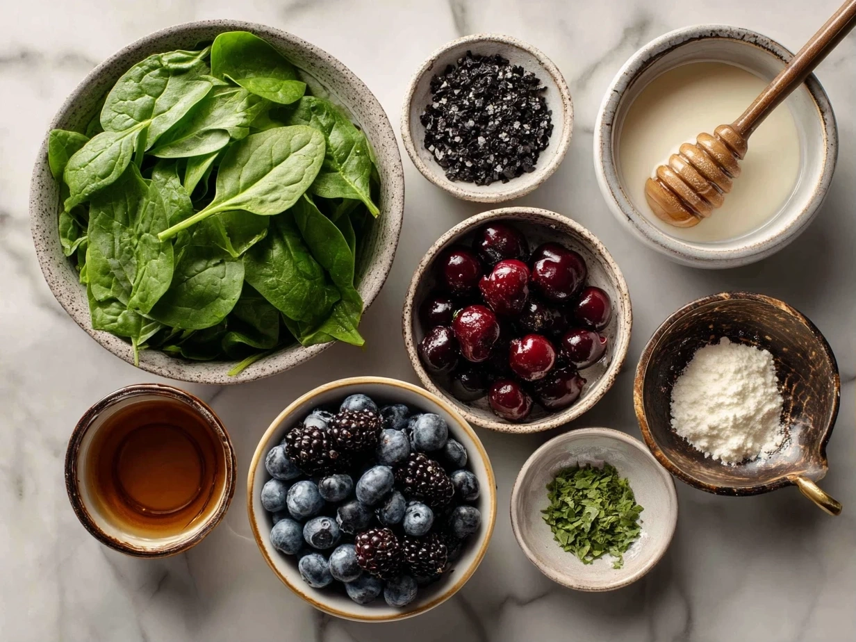 Top-down view of raw ingredients for a Berry Spinach Smoothie on marble background