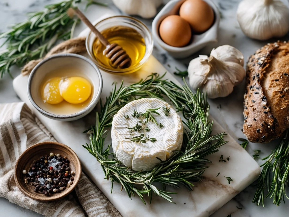 Top-down view of raw ingredients for Brie Cheese Wheel with Rosemary Wreath including brie, fresh rosemary, olive oil and seasonings