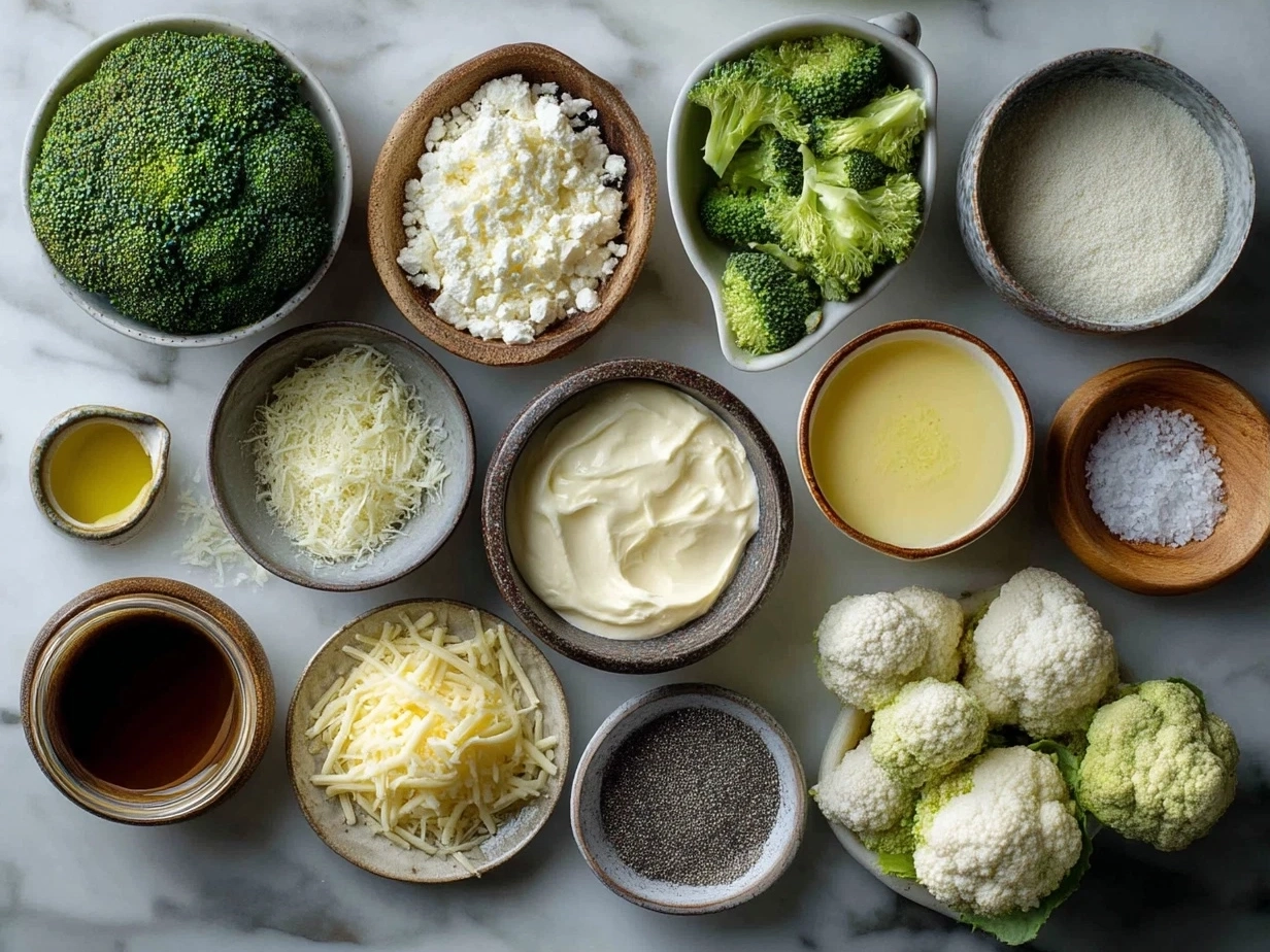 Top down view of raw ingredients for broccoli cheese balls on marble surface