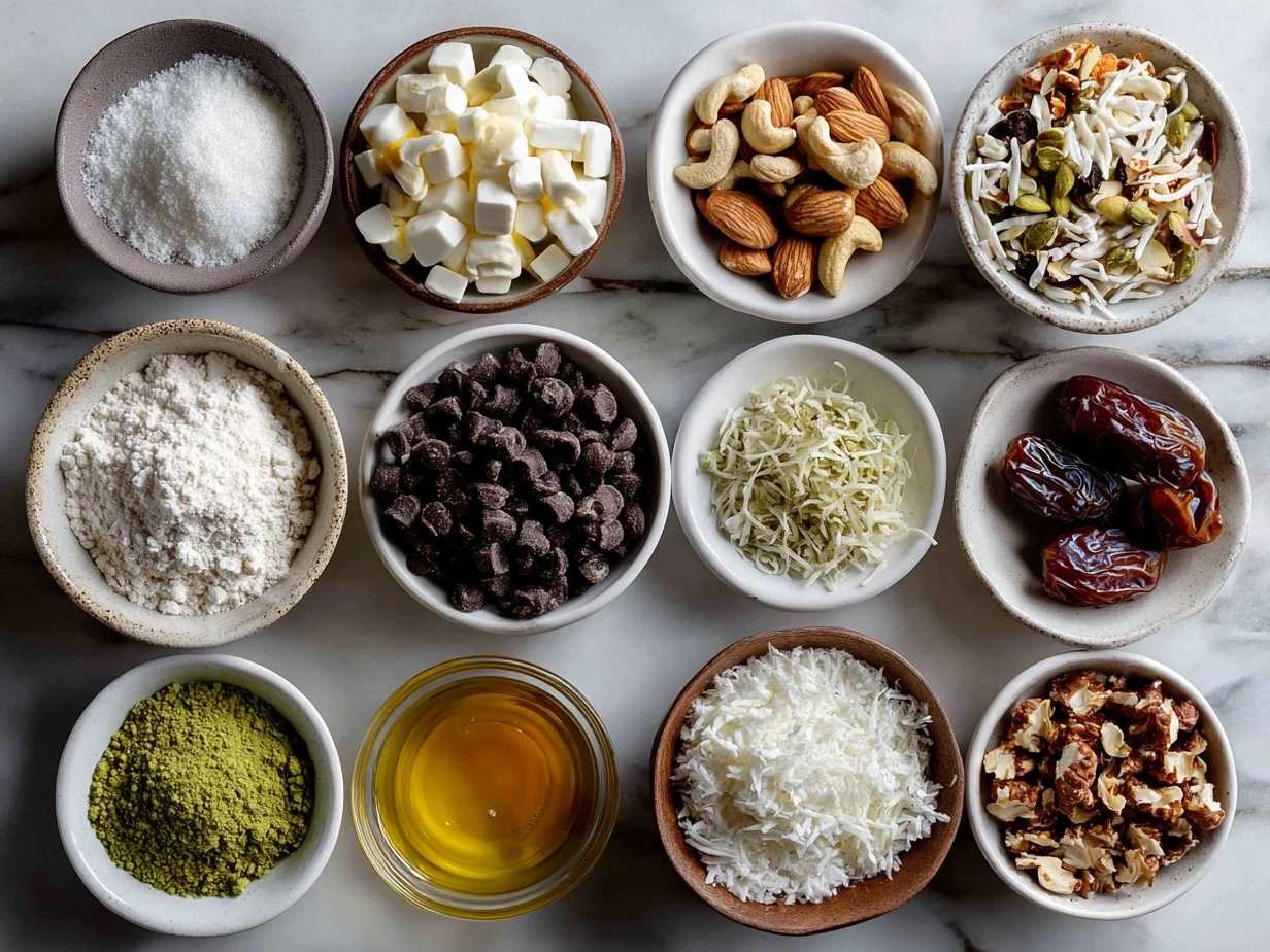 Top down view of raw ingredients for Bunny Bait Snack Mix on a wooden table