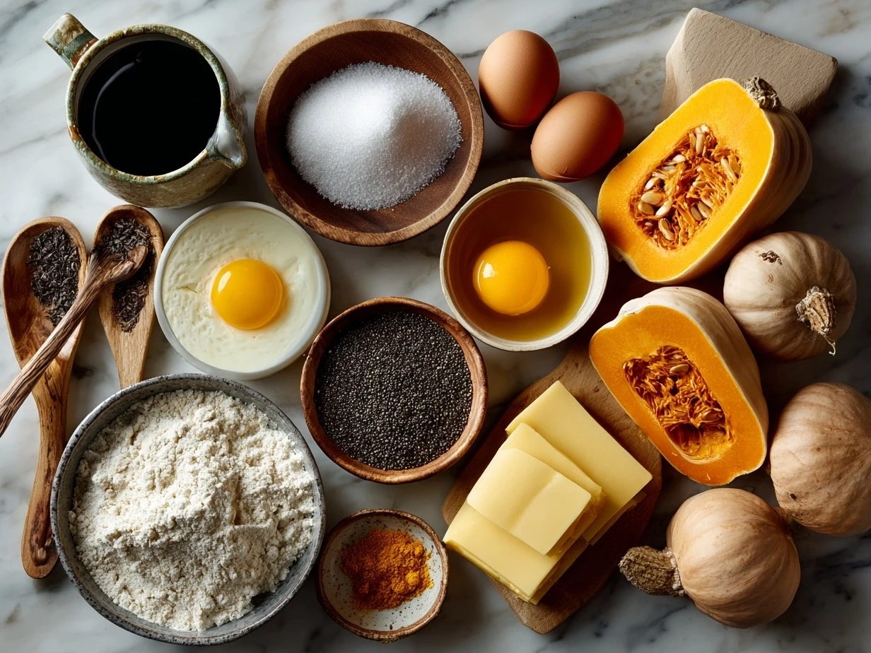 Top down view of raw ingredients for butternut squash lasagna arranged on marble surface