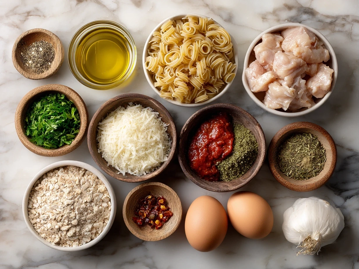 Top down view of raw ingredients for Cajun Chicken Pasta including chicken, pasta, peppers, garlic, and spices