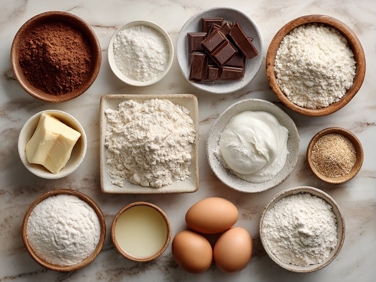 Top down raw ingredients for Cake Mix Cookies on marble surface