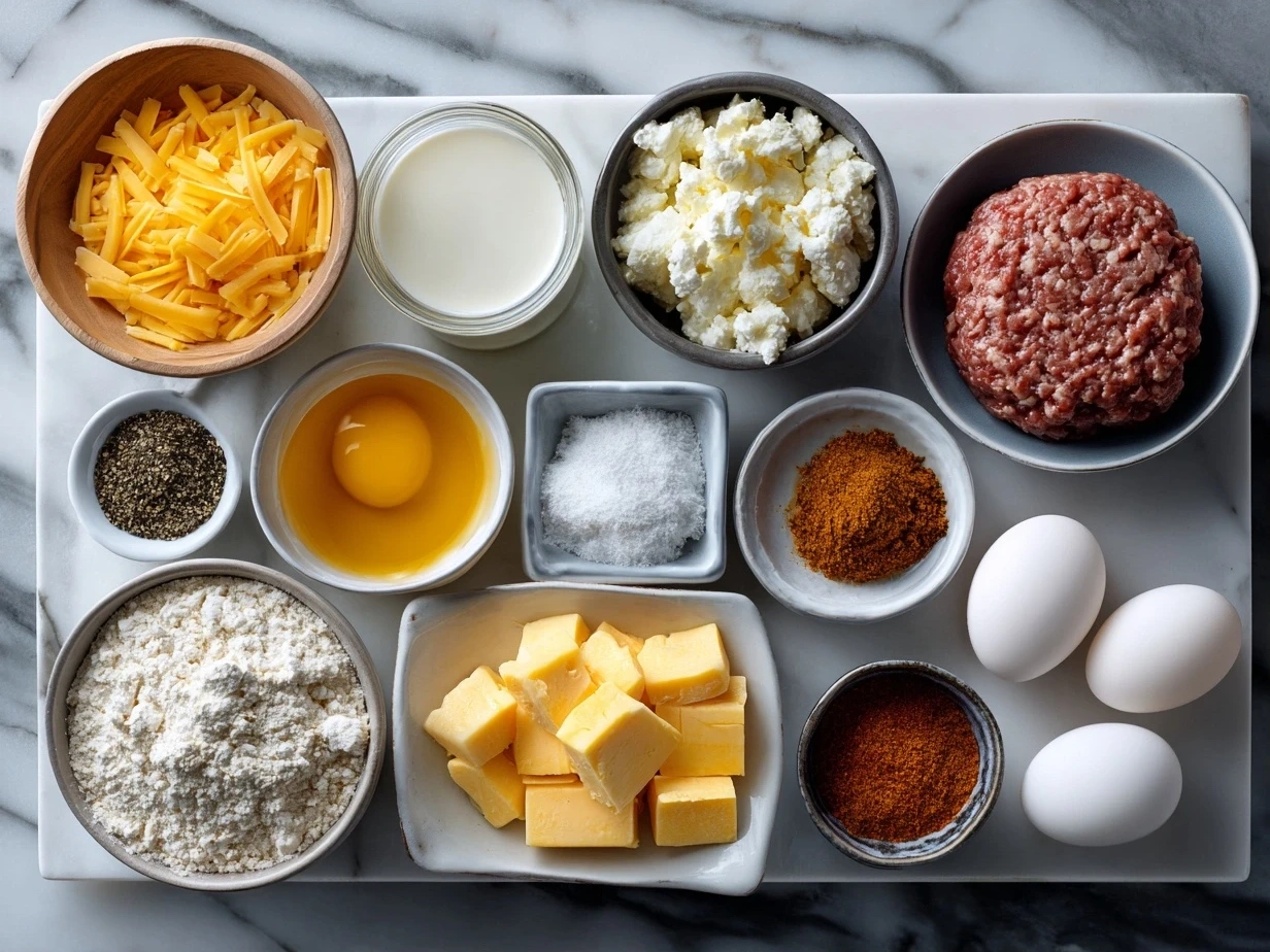 Raw ingredients for Cheddar Jalapeño Burgers including ground beef, shredded cheddar cheese, fresh jalapeños, and spices.