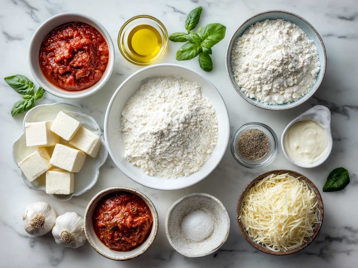 Raw ingredients for Cheese Tortellini in Creamy Marinara laid out top-down including cheese tortellini, garlic, herbs, and marinara sauce