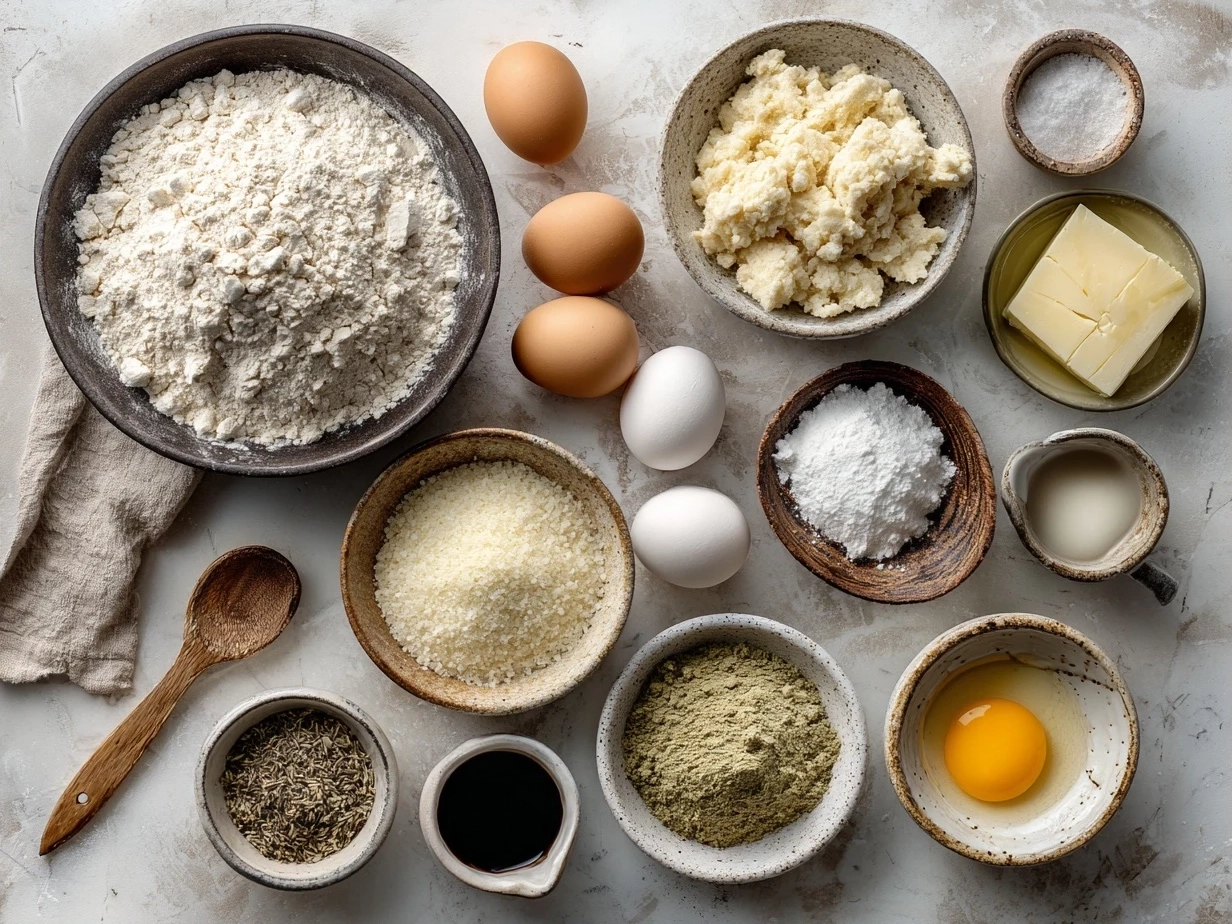 Raw ingredients laid out for Chicken Alfredo Gnocchi including chicken breasts, gnocchi, cream, garlic, cheese, and spices