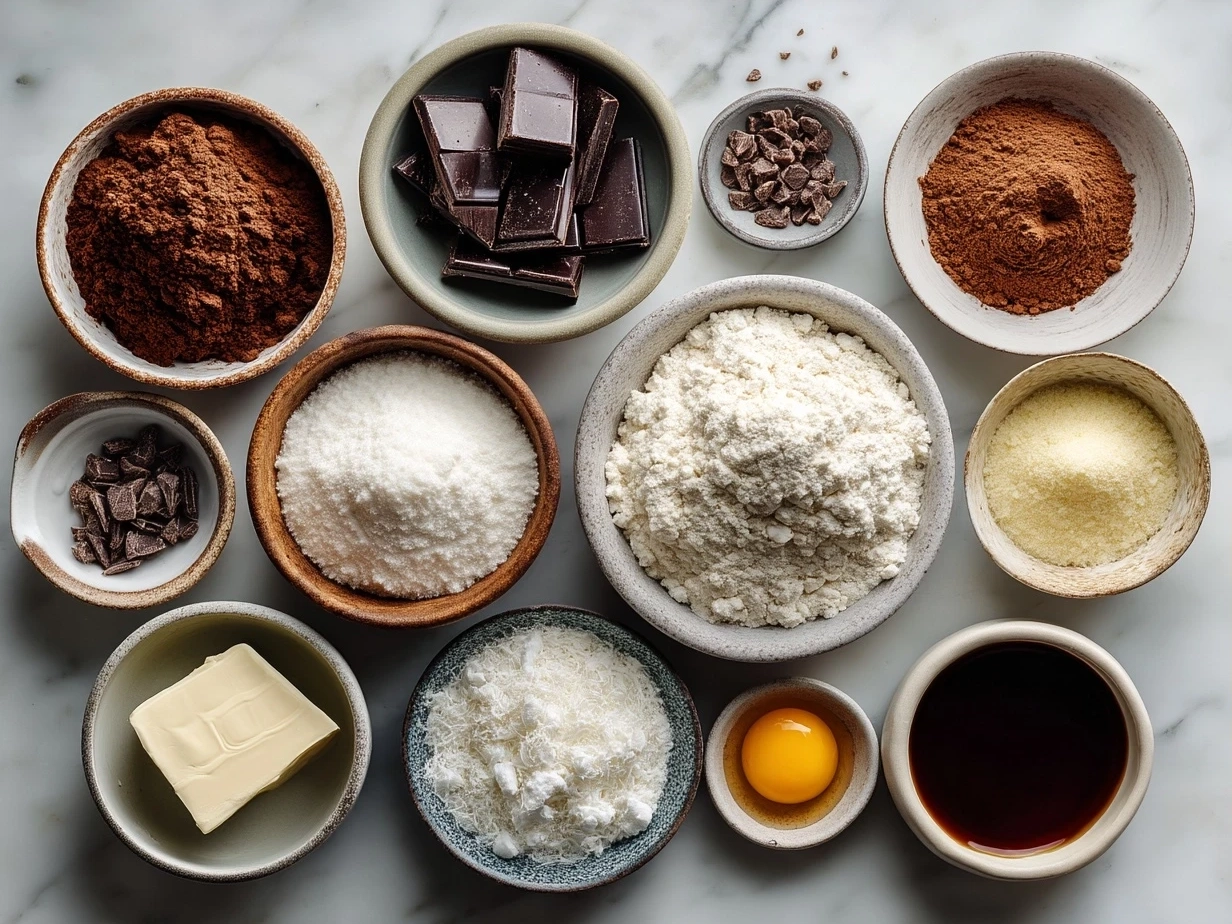 Top down view of raw ingredients for chocolate cheesecake including cream cheese, eggs, and chocolate