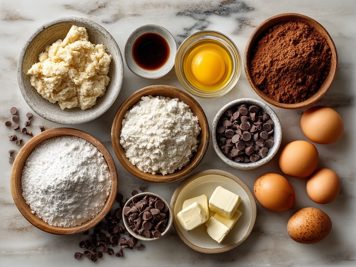 Top-down view of raw ingredients for chocolate chip cookies on marble countertop with modern kitchen mise en place