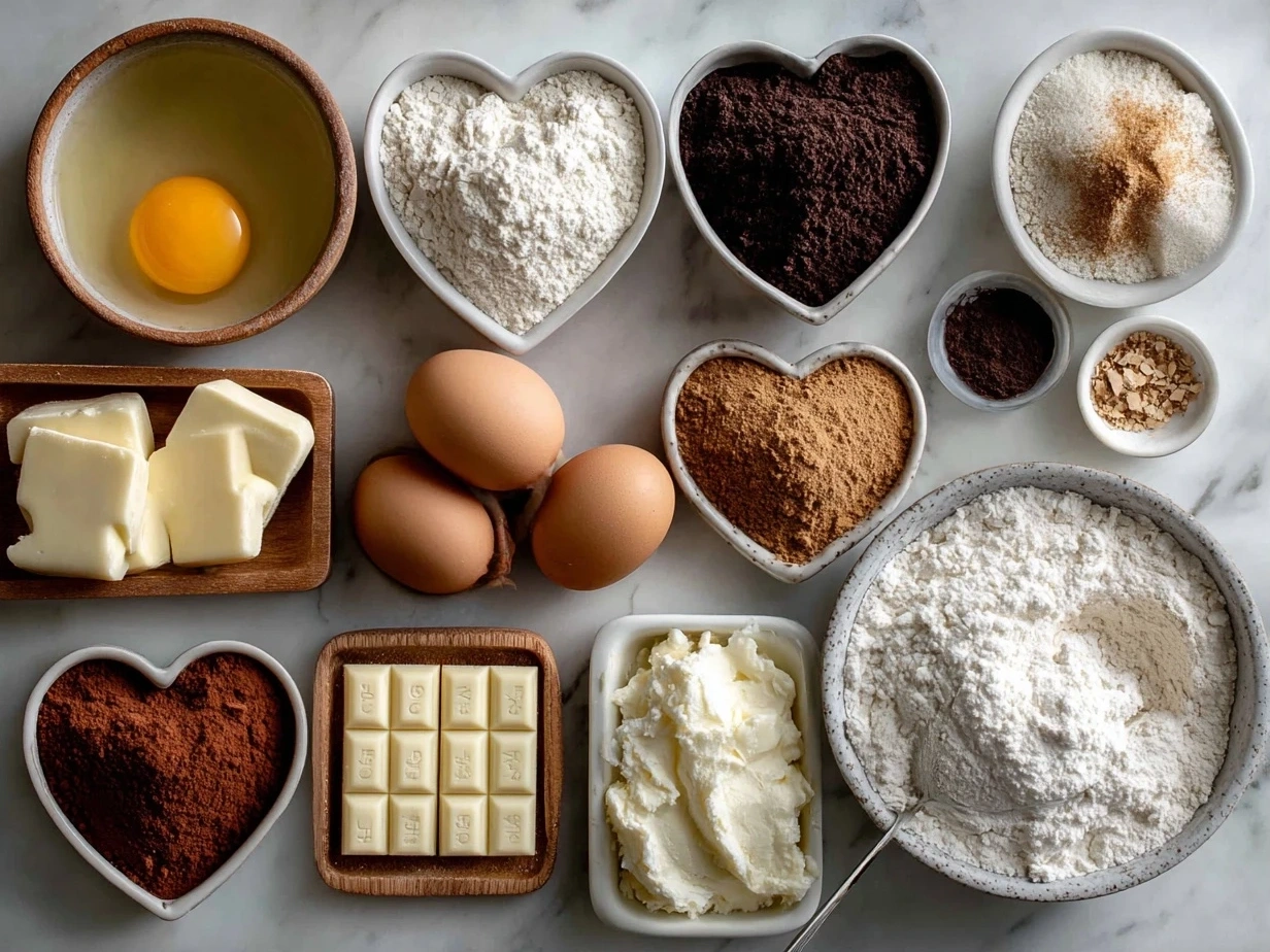 Top down view of raw ingredients for chocolate cut out heart cookies including flour, cocoa powder, sugar, butter, and eggs