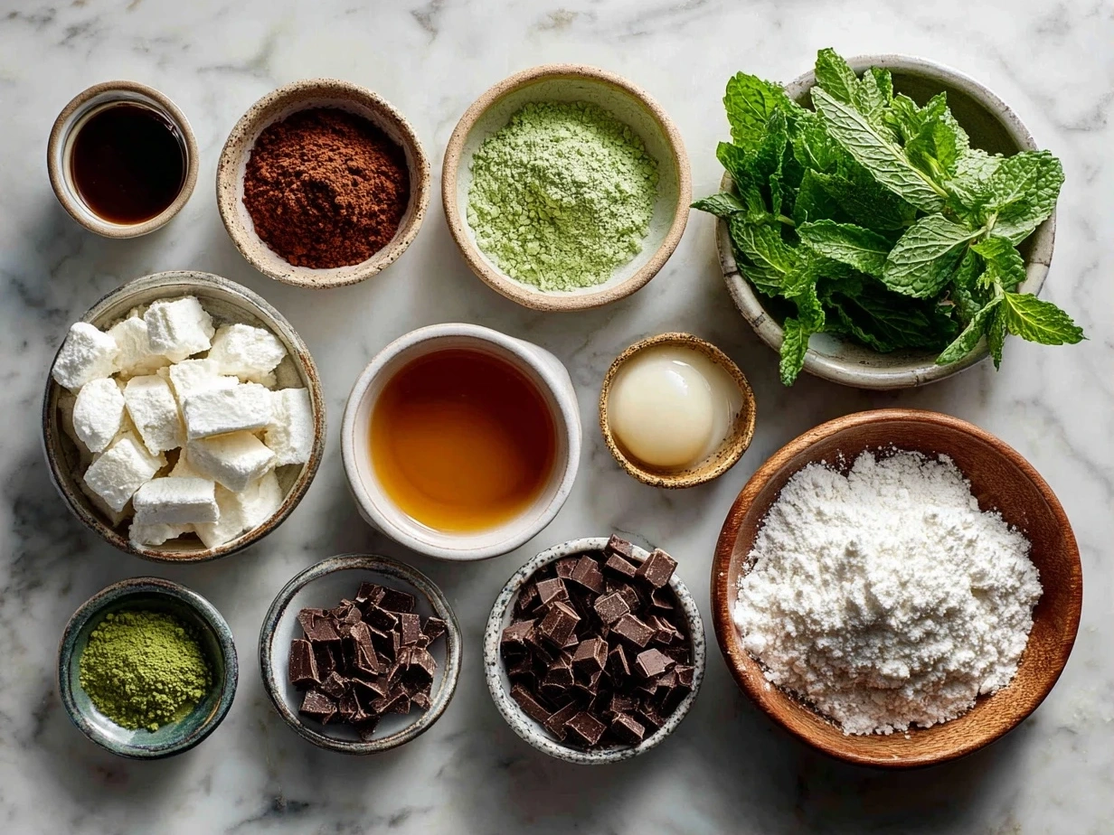 Top-down view of raw ingredients for Chocolate Mint Crinkles spread on marble surface