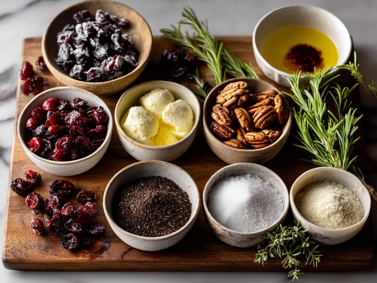 Top-down view of raw ingredients for cranberry goat cheese log on marble countertop, organized kitchen mise en place