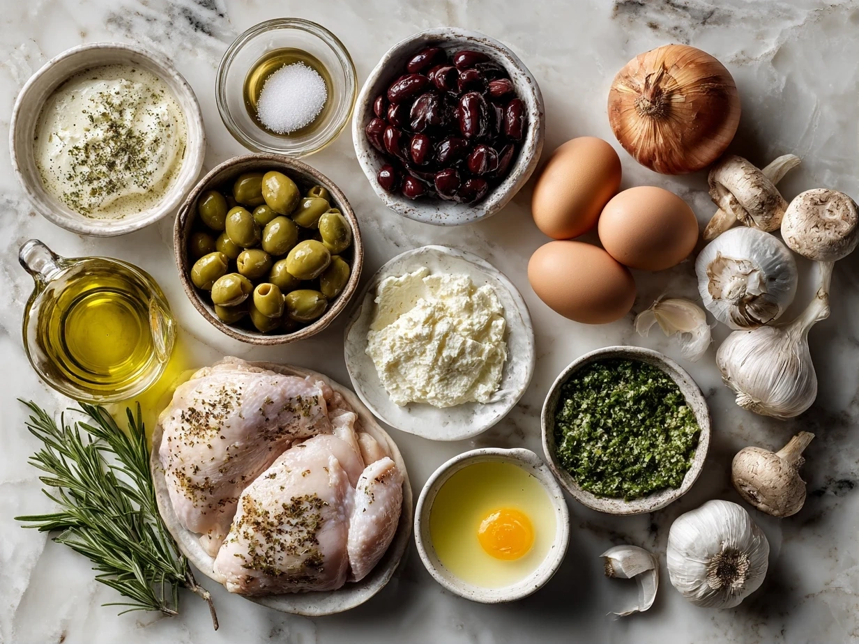 Raw ingredients arranged for making Creamy Tuscan Chicken including chicken breasts, spinach, sun-dried tomatoes, garlic, and Parmesan cheese.