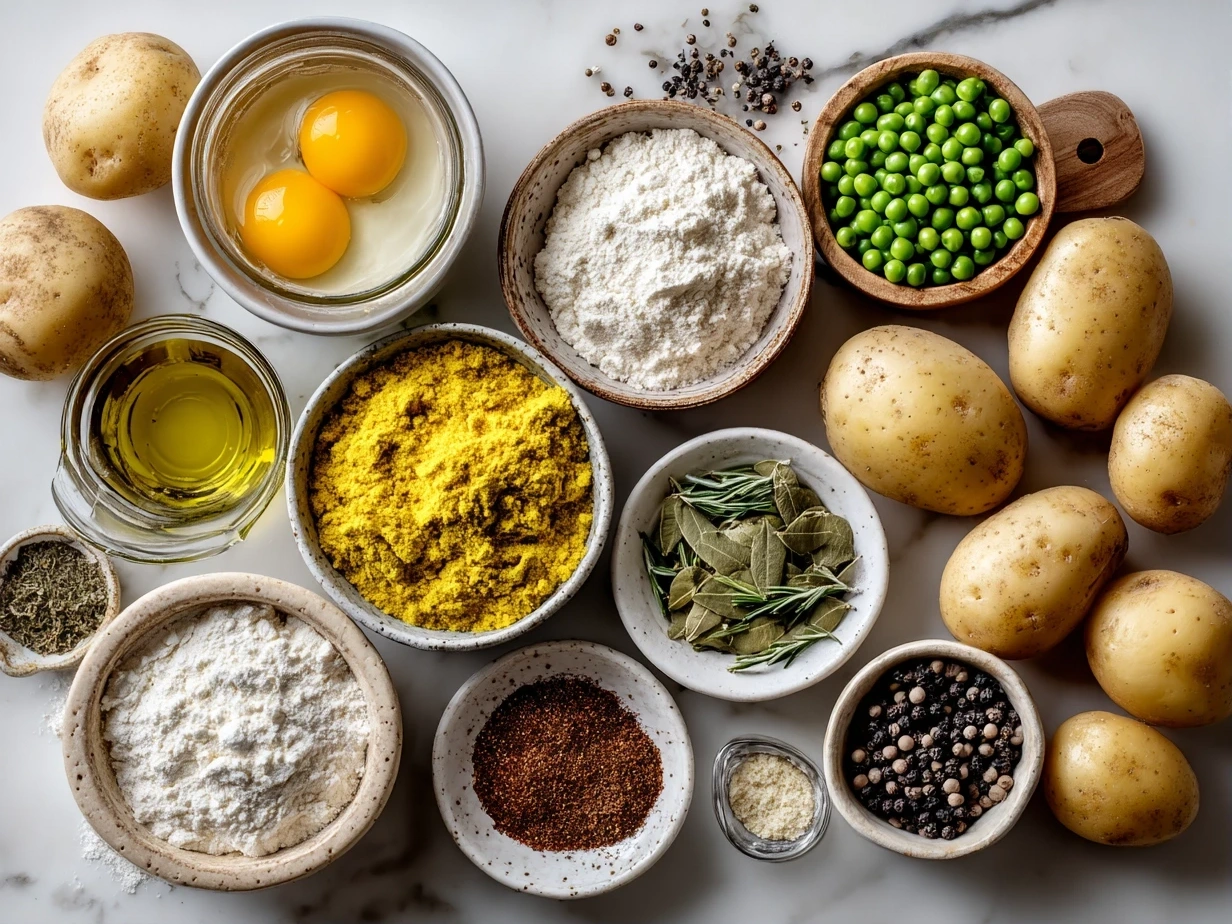 Top down view of raw ingredients for Crockpot Potato Pea Curry including potatoes, peas, onions, garlic, ginger, tomatoes, and spices.