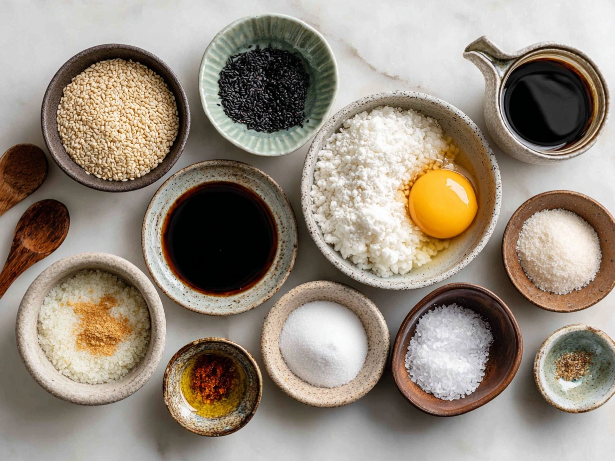 Top down view of raw ingredients for making Easy Yaki Onigiri including rice, soy sauce, mirin, sesame oil, and nori sheets