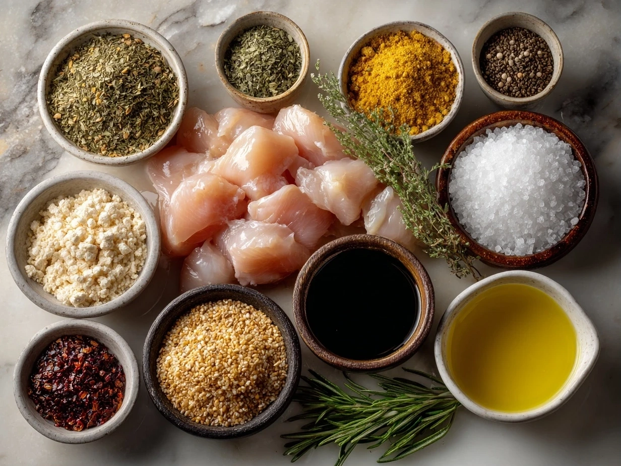 Top-down view of raw ingredients for gluten free chicken tenders including chicken, eggs, spices, and gluten free flour