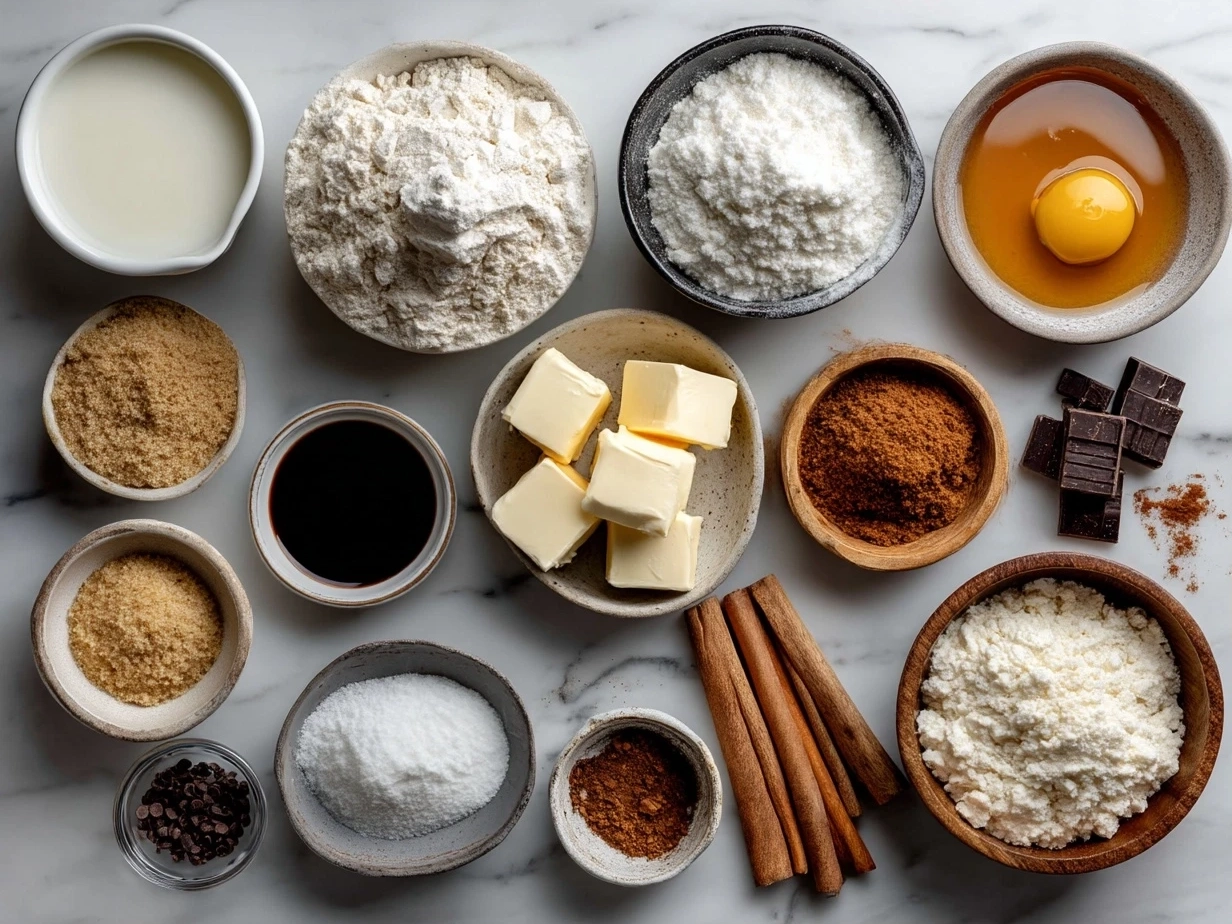 Top-down raw ingredients for Holiday Cookies on marble surface