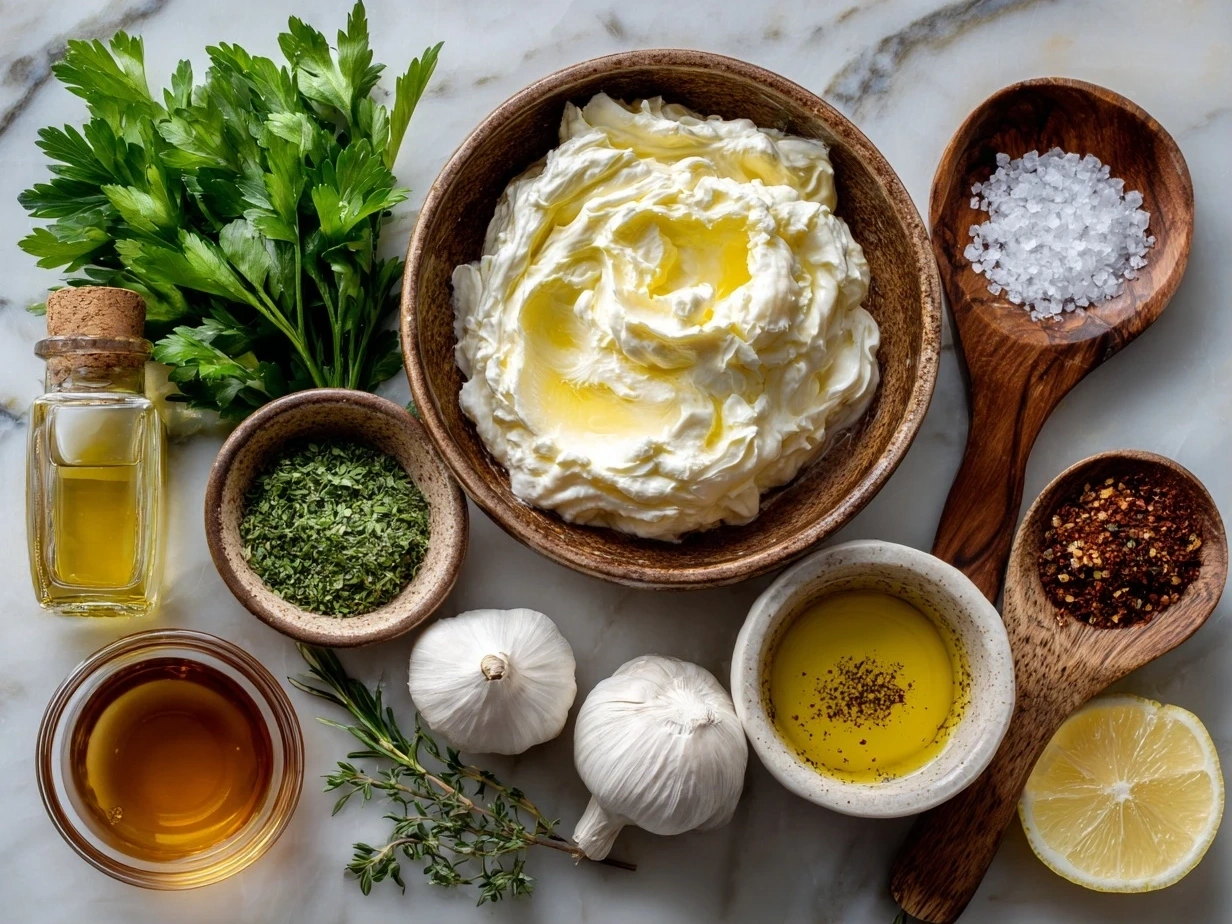 Top-down view of raw ingredients for homemade mayonnaise on marble surface