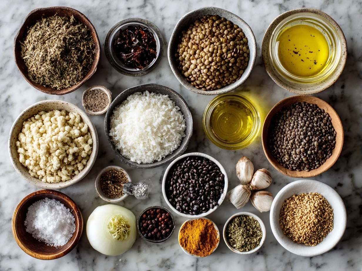 Top down raw ingredients for lentil hotpot including lentils, carrots, parsnips, onions, garlic, celery, olive oil and spices