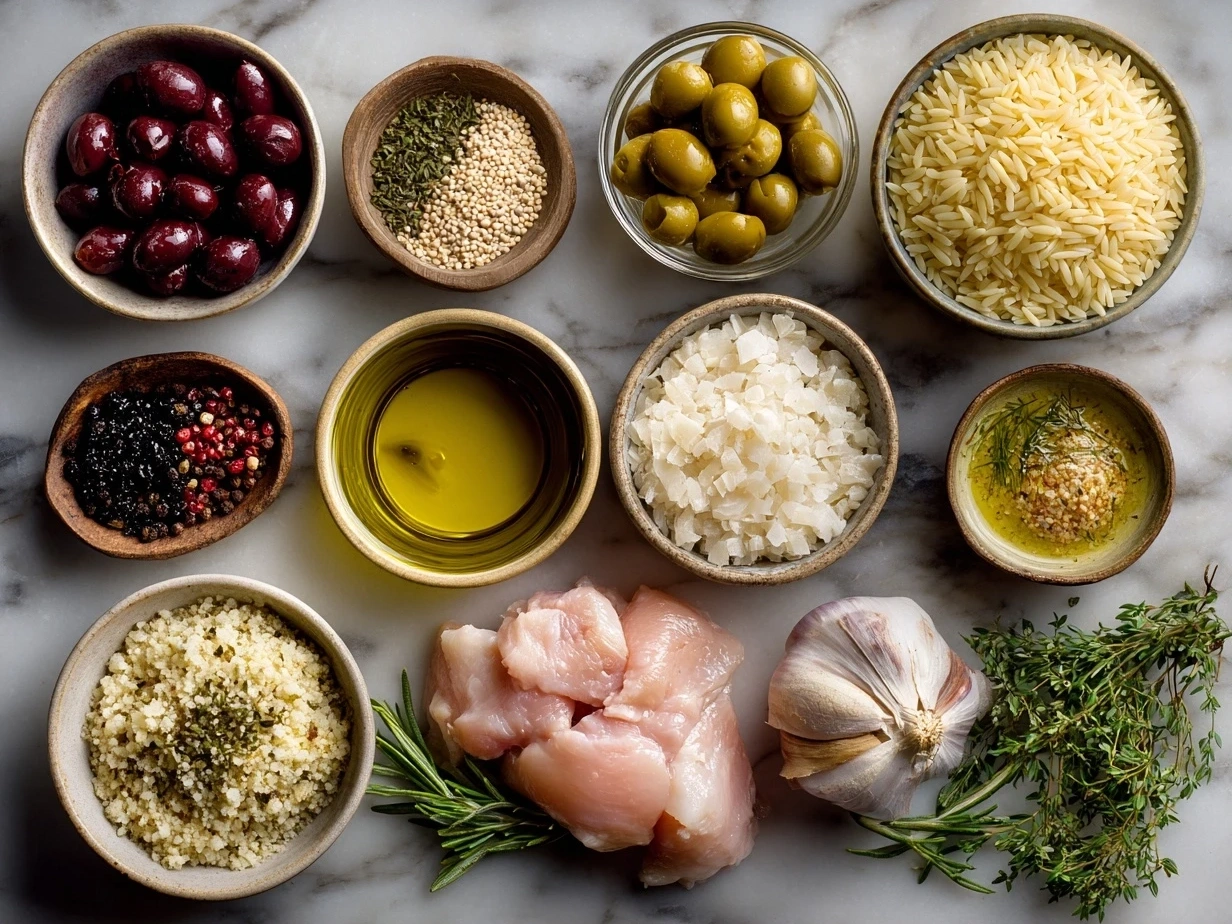 Top down view of raw ingredients for Mediterranean Chicken and Orzo including chicken thighs, orzo pasta, cherry tomatoes, lemon, and herbs