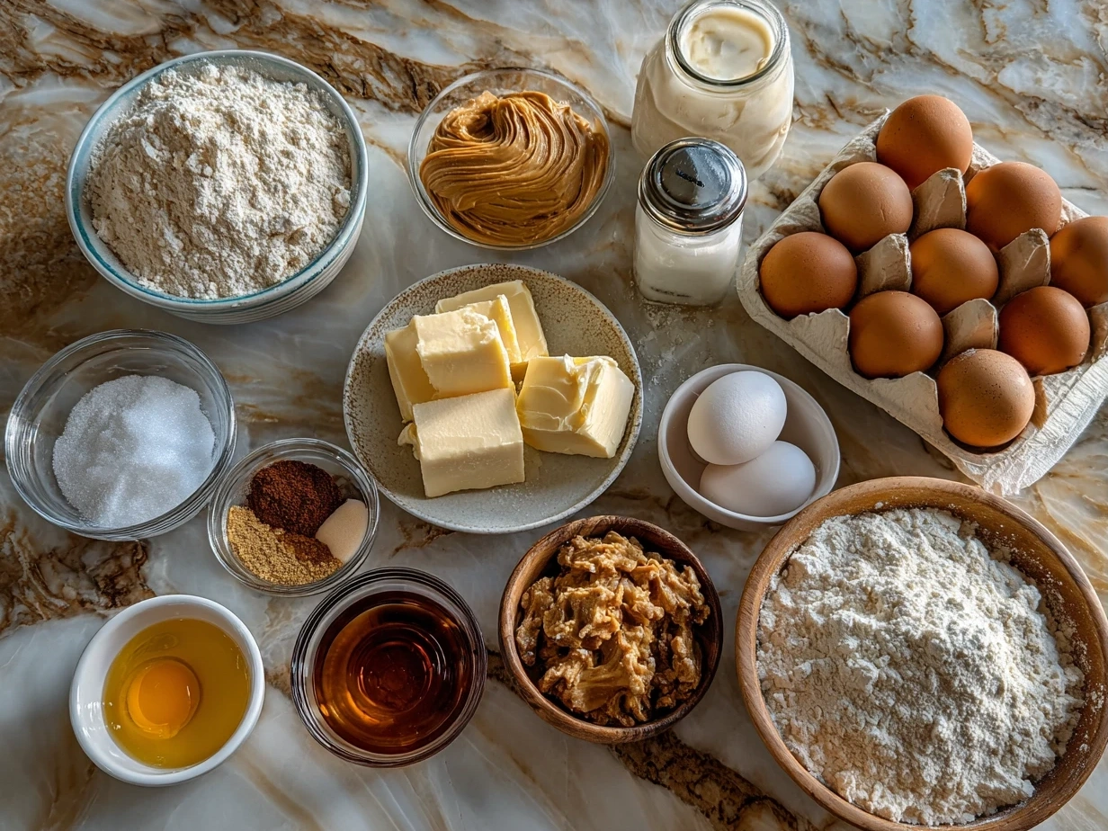 Ingredients for Old Fashioned Peanut Butter Pie laid out on marble surface