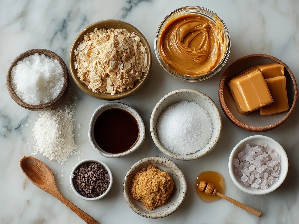 Top down view of raw ingredients for peanut butter no bake cookies including sugar, butter, peanut butter, oats, milk, vanilla and salt