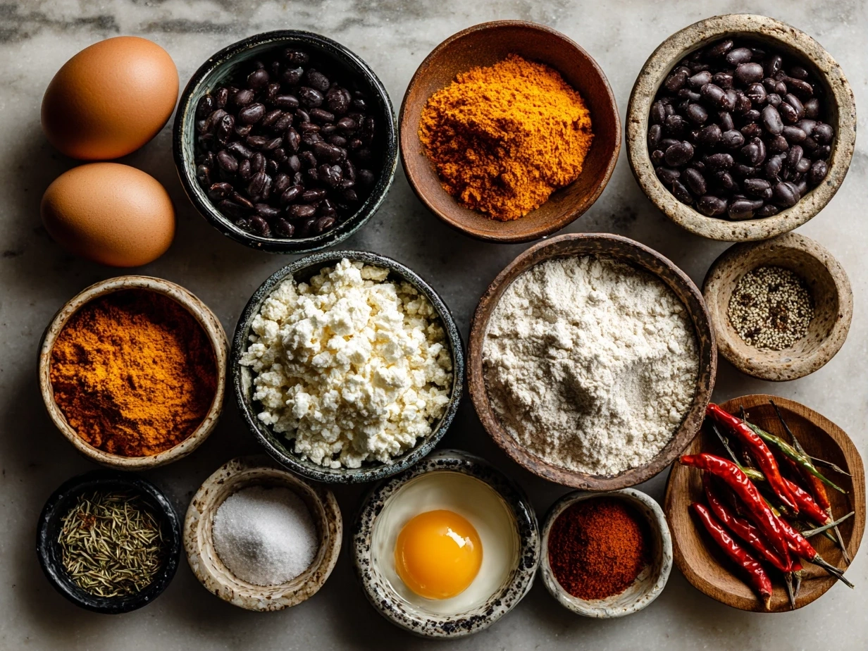 Top down view of raw ingredients for pumpkin quesadillas including canned pumpkin, shredded cheese, tortillas, and spices.